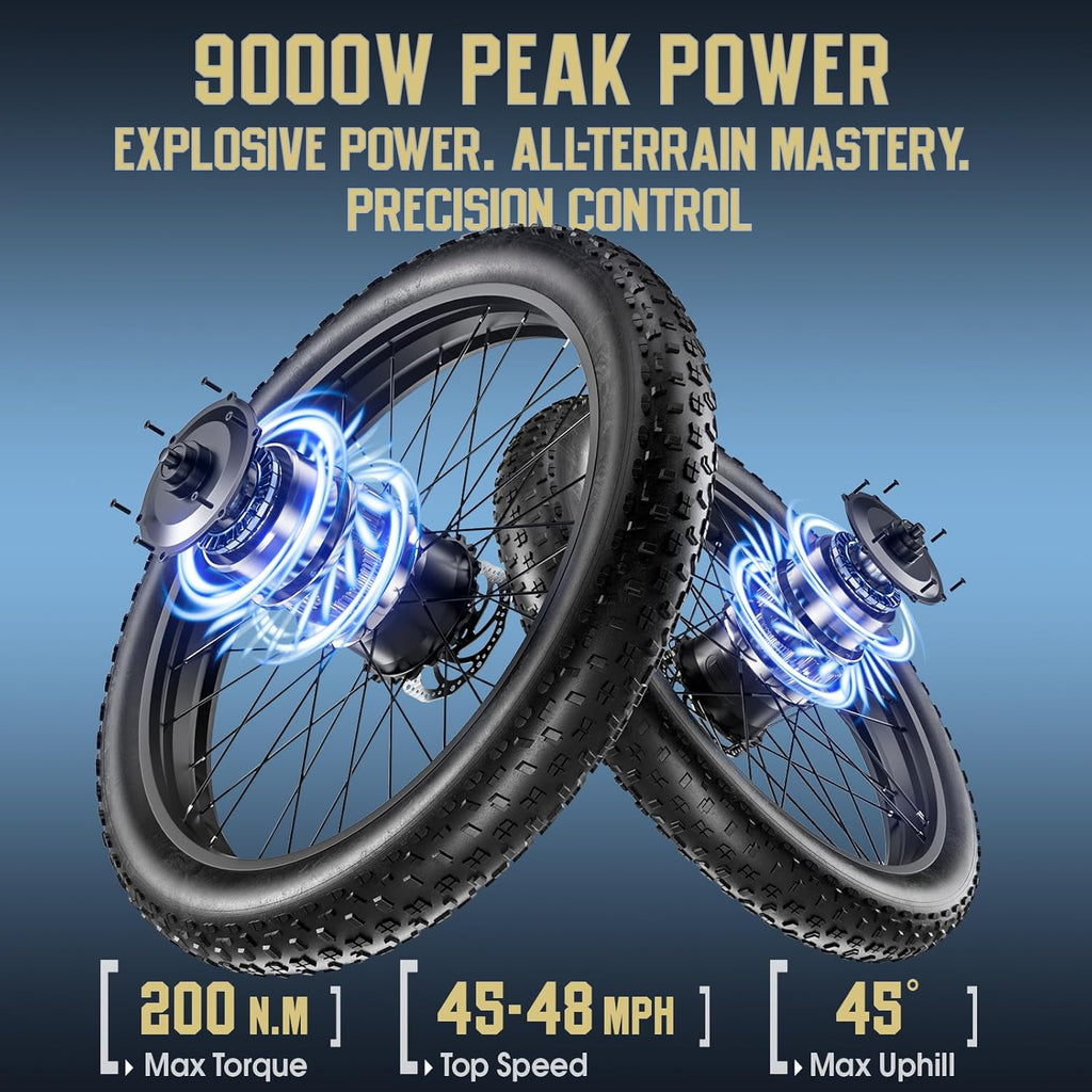 9000W Peak Dual Motor AWD Electric Bike – 52V 36Ah Ultra-Long Range Off-Road E-Bike (48 MPH) with 6 Riding Modes & 24"/26" All-Terrain Fat Tires