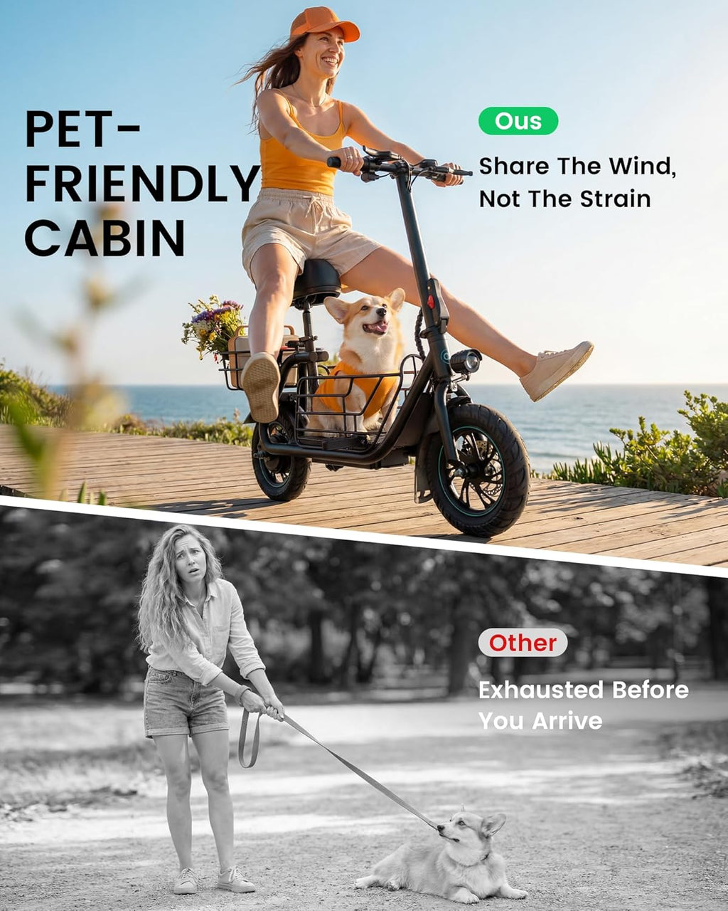 Electric Scooter with Seat for Adults - 550W Motor, Pet Basket