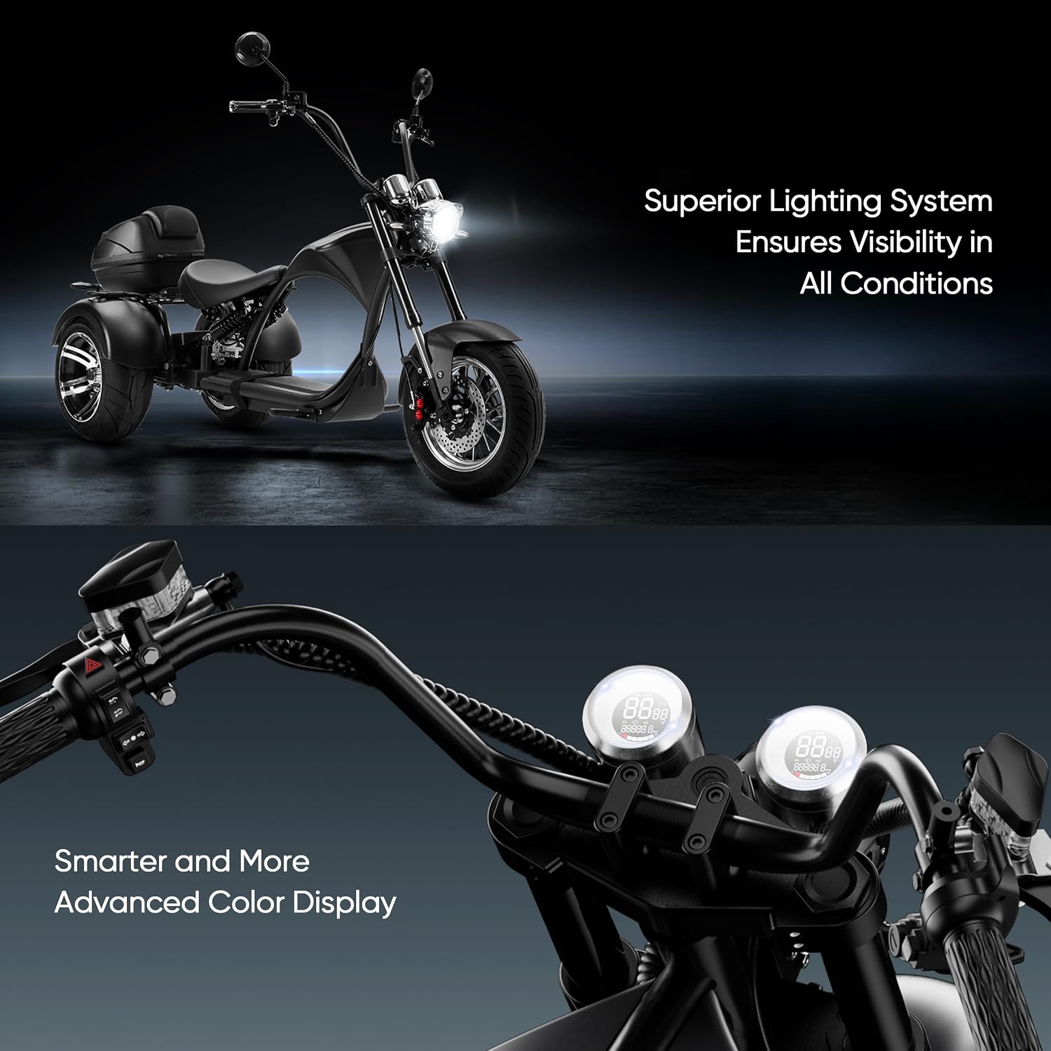 Heavy-Duty 3-Wheel Electric Chopper Trike - 2000W, 26 MPH, 60V 30Ah, Full Hydraulic Suspension Off-Road Electric Tricycle for Adults