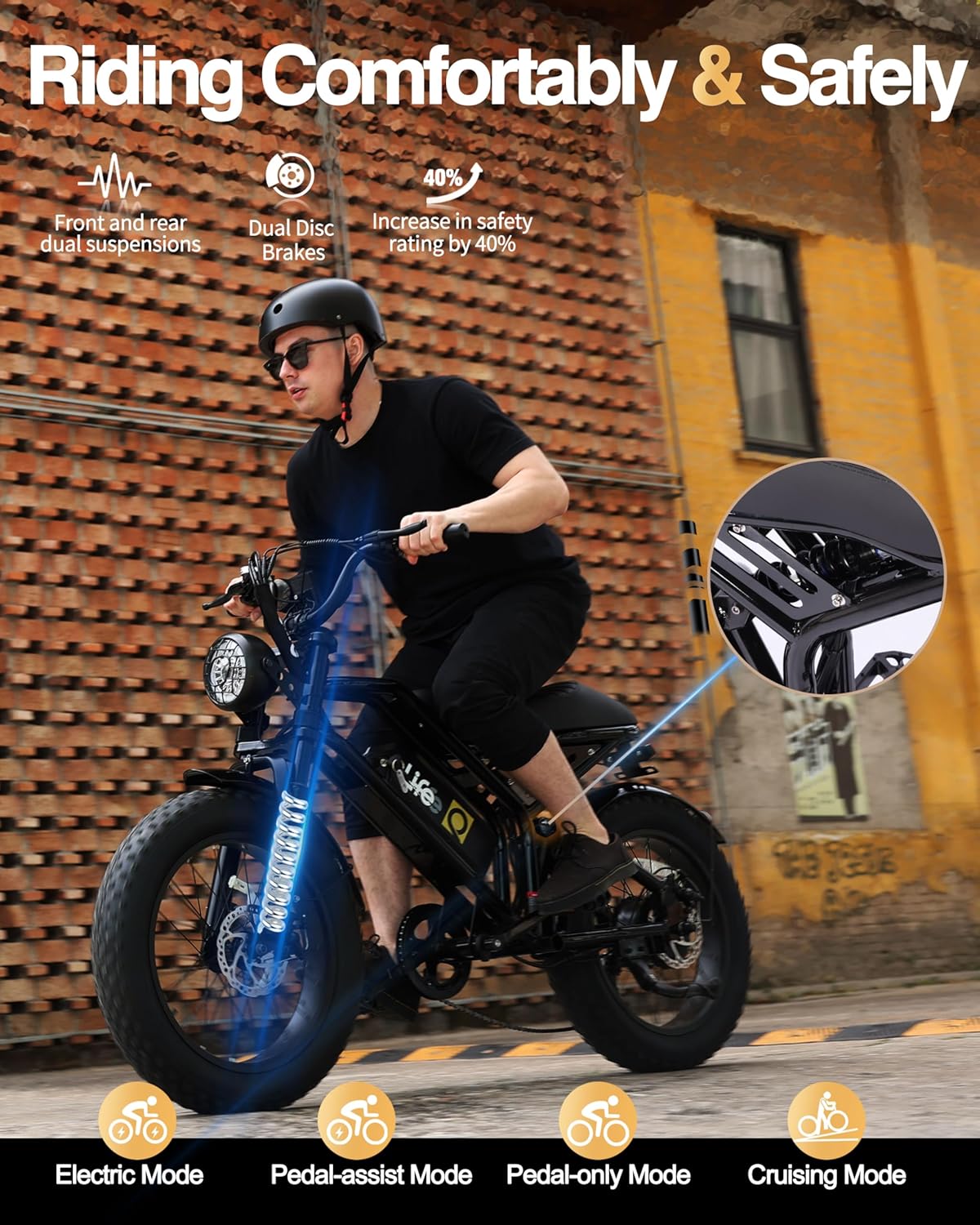 Electric Bike for Adults/Teens Spark-1800W Peak Motor 20" Fat Tires 20+MPH Electric Dirt Bike, 749-1498Wh