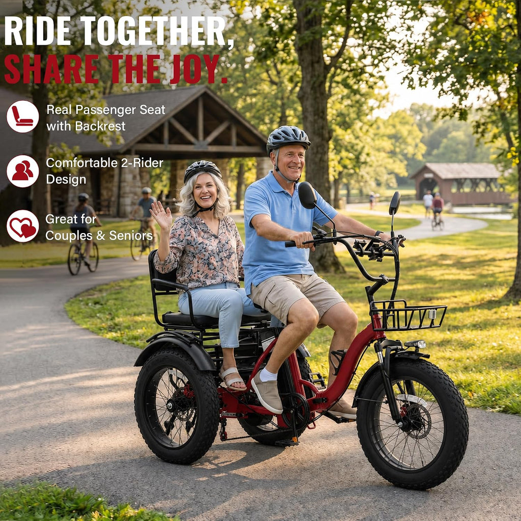 Two-Seater Folding Electric Tricycle for Adults | 1350W Peak, 20" Fat Tire 3-Wheel E-Trike