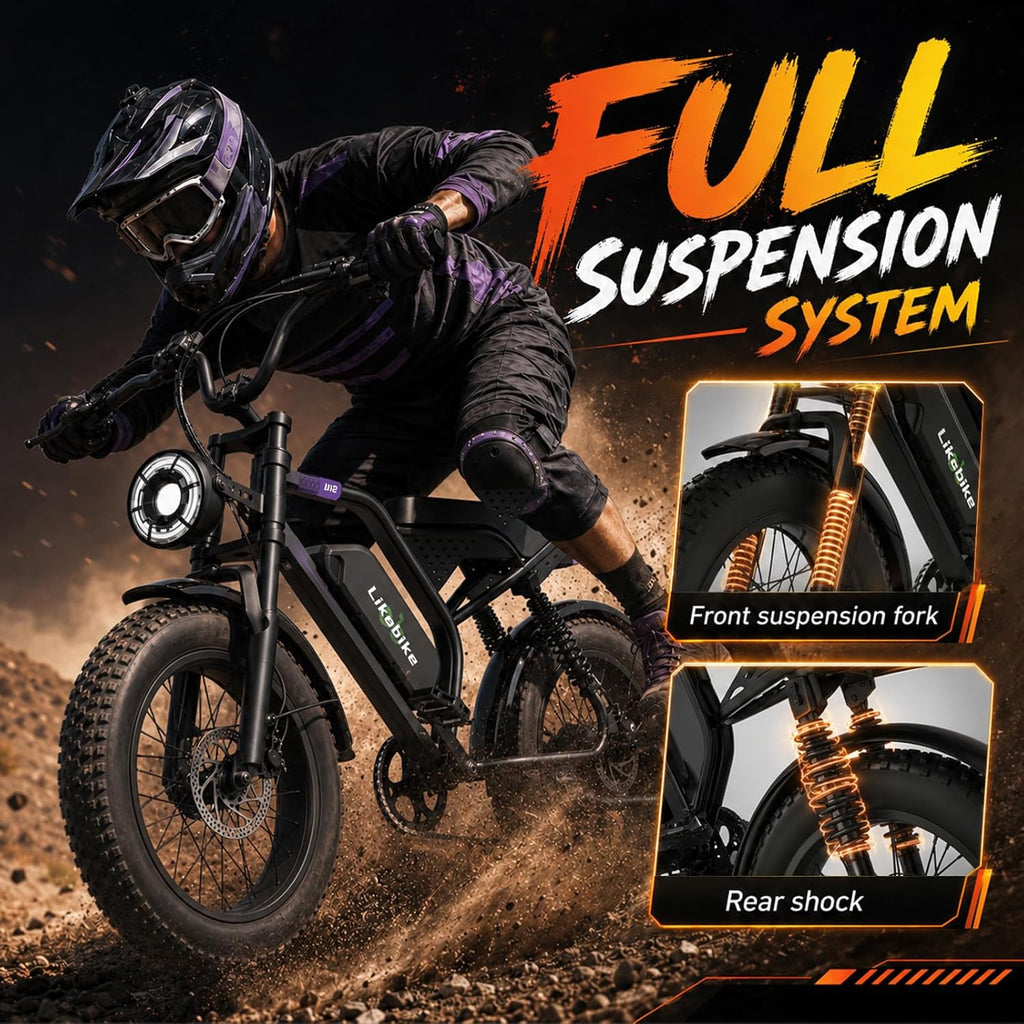 All-Terrain 20" Fat Tire Electric Mountain Bike – Up to 3000W Peak Dual Suspension E-Bike, 48V Removable Battery, Hydraulic Disc Brakes