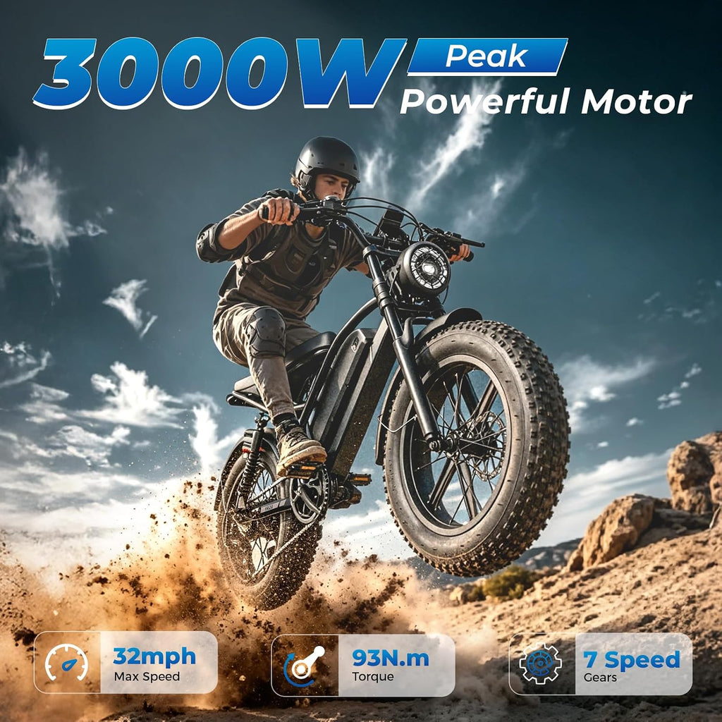 16" / 20" Moped-Style Fat Tire Electric Bike – 2000W/3000W Peak High-Performance All-Terrain E-Bike for Adults & Teens
