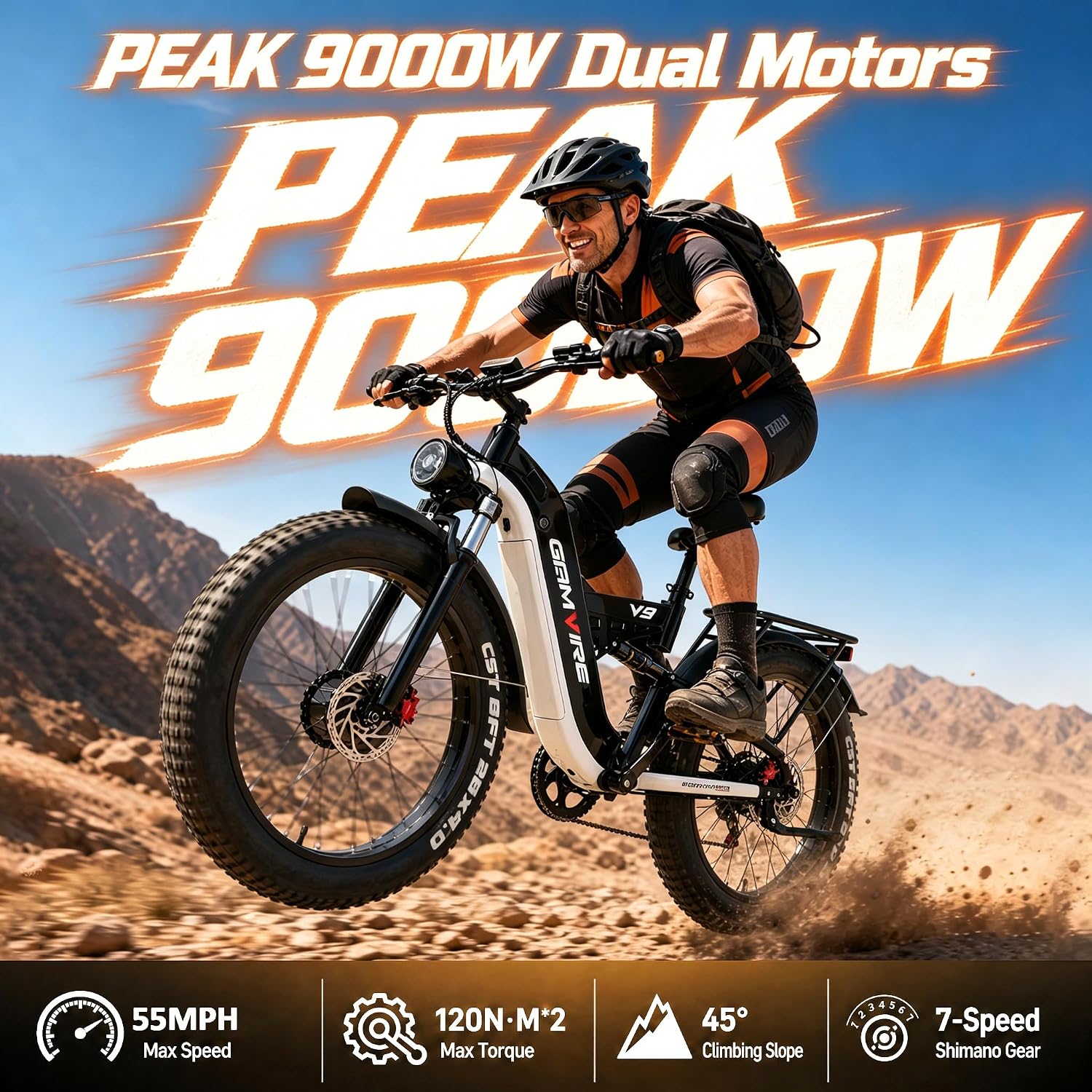 9000W Peak Dual Motor All-Terrain Fat Tire Electric Bike – 52V 30Ah, 55MPH Max Speed, Full Suspension Hydraulic E-Bicycle