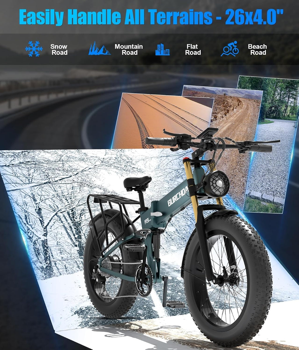 All-Wheel Drive Dual Motor Electric Mountain Bike – High-Power AWD E-Bike (Up to 5000W Peak, 40 MPH) with Full Suspension, 26" All-Terrain Fat Tires & Long-Range Battery Options