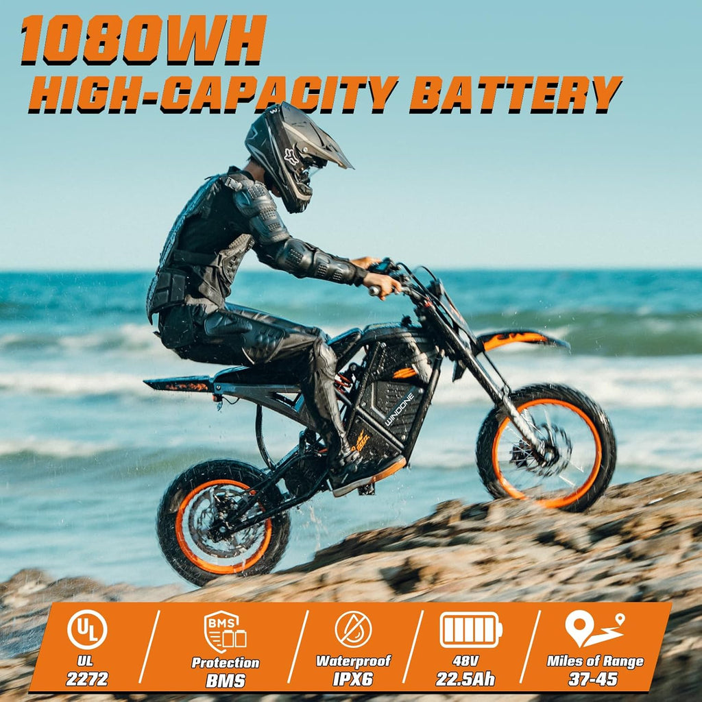 Off-Road Electric Dirt Bike for Teens & Adults – 2200W Peak Motor, 37MPH Max Speed, 48V 22.5Ah Battery, Full Suspension Trail E-Motorcycle