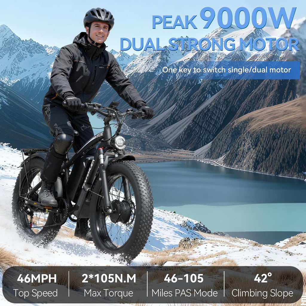 9000W Peak Dual-Motor All-Terrain Fat Tire Electric Mountain Bike – 47 MPH High-Performance Adult E-Bike with 58V 34Ah Battery