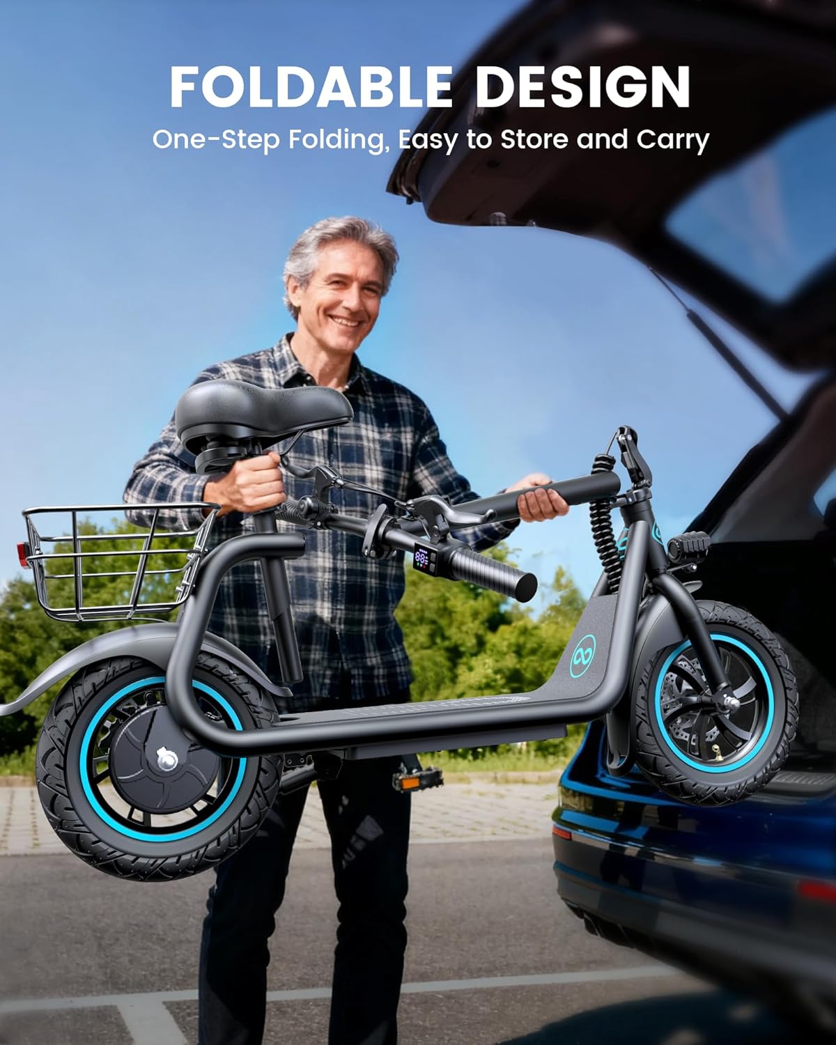 Electric Scooter with Seat for Adults, Foldable Commuter E-Scooter with Basket for Grocery, Pets, and Daily