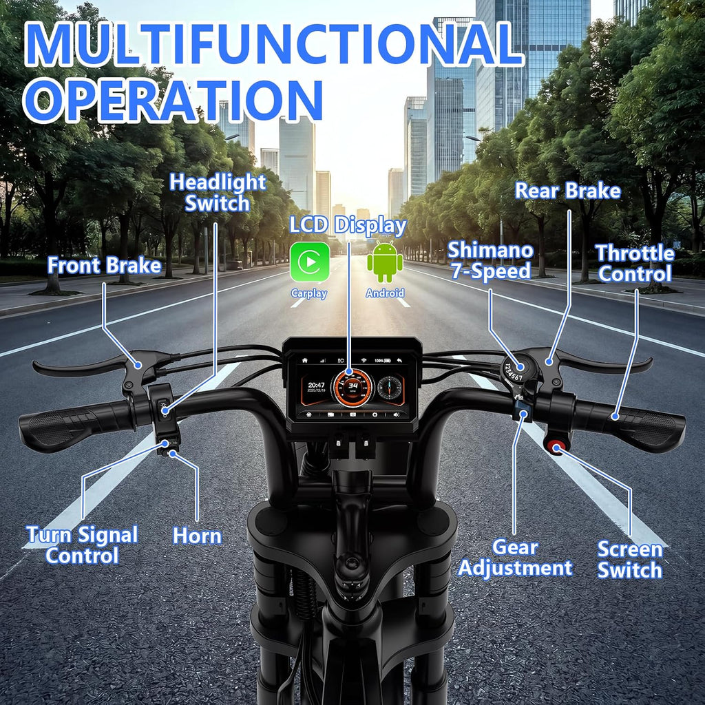 Aero Cargo Electric Bike with Apple CarPlay, Android Auto, and Dual 1080P Dash Cam – 1500W Peak, 20" Fat Tire All-Terrain E-Bike