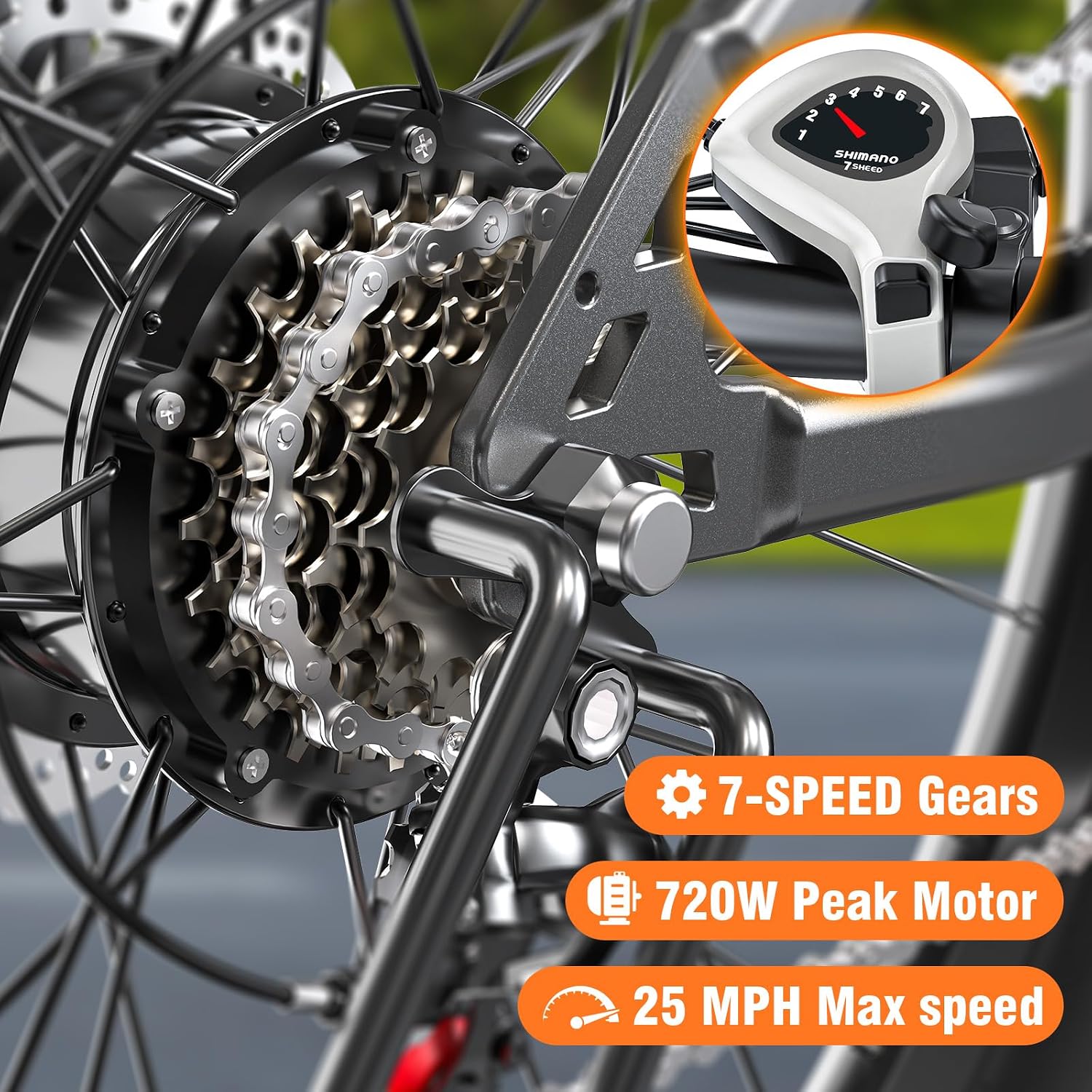 Lightweight 26" Electric Mountain & Commuter Bike – 720W Peak Motor, 25MPH Max Speed, 375Wh Removable Battery, 7-Speed Trail E-Bike
