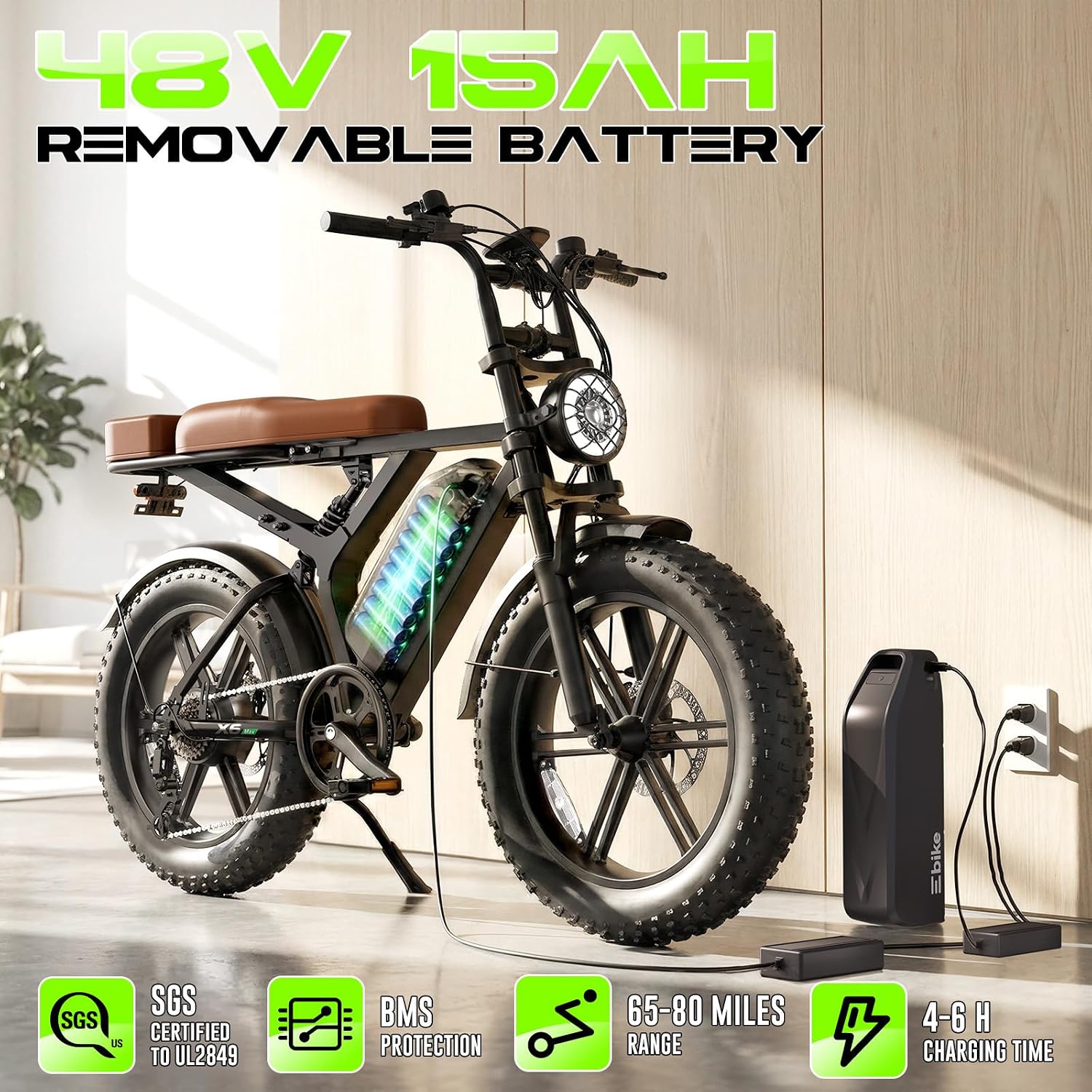 Electric Bike for Adults, Peak 1500W Motor Retro E Bike, Range 65/120Miles, 48V 15Ah