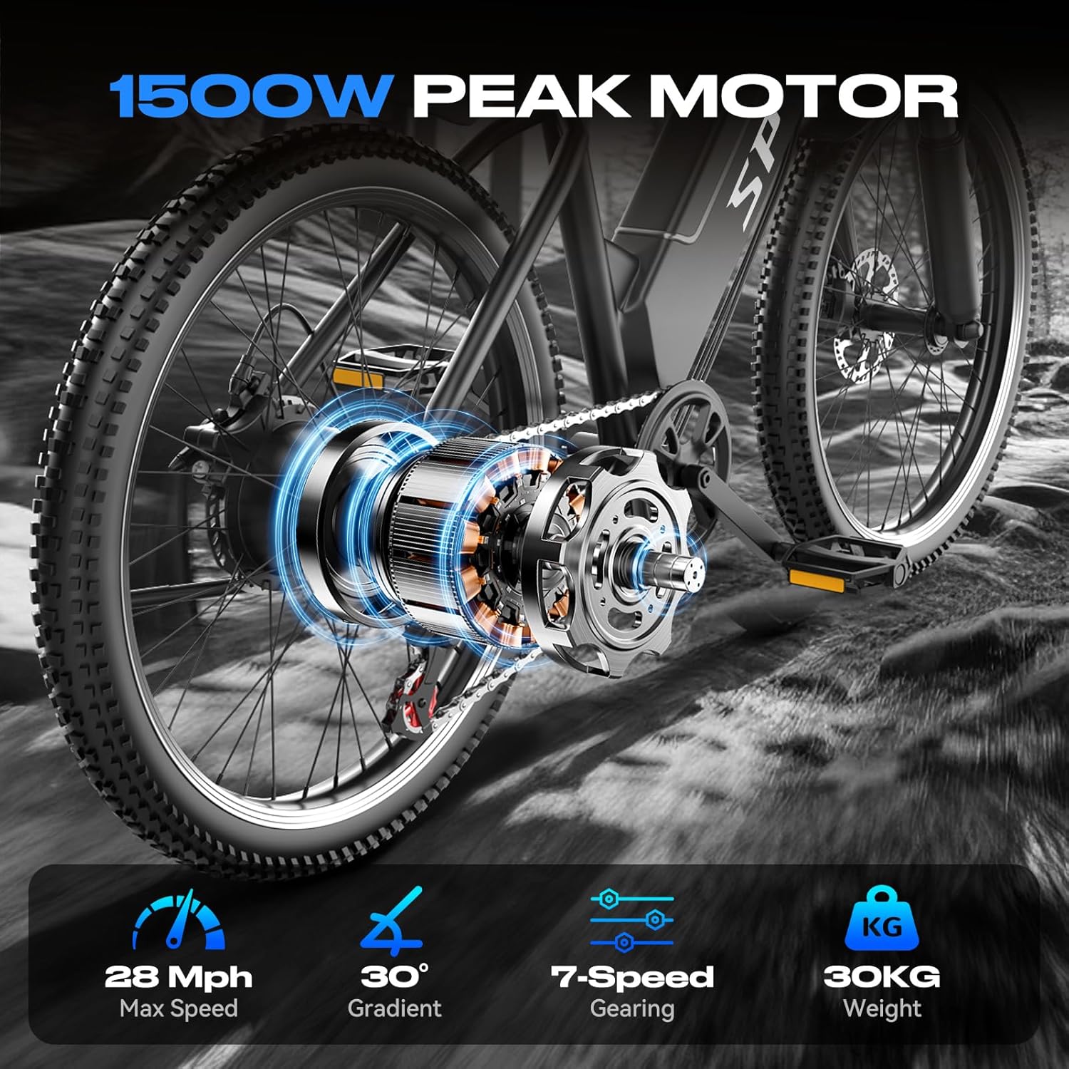 26" All-Terrain Step-Thru Electric Commuter Bike – 1500W Peak High-Torque Motor, 48V 13Ah Integrated Removable Battery, Adjustable Stem, 7-Speed, UL 2849 Safety Certified