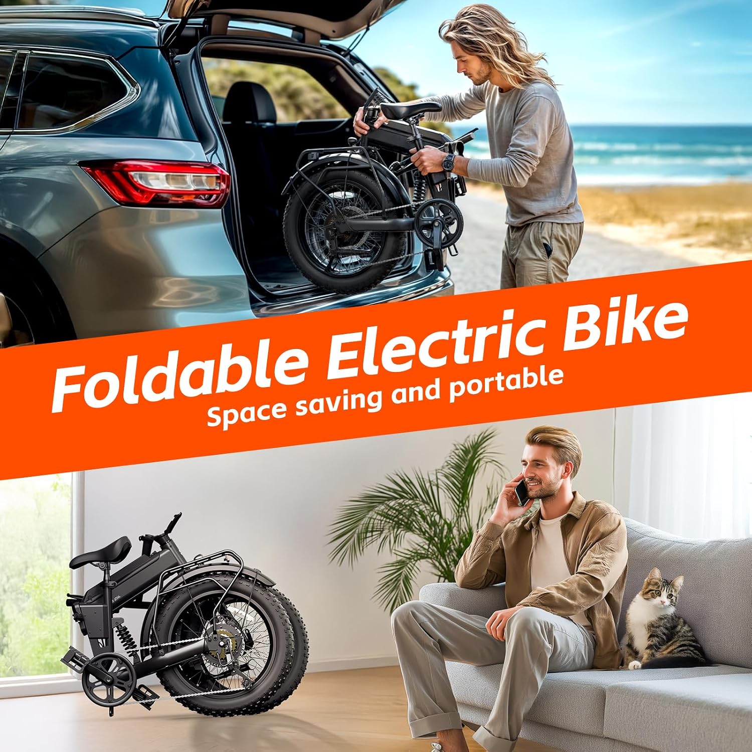 20" Folding Fat Tire Electric Bike for Adults – 1500W Peak Motor, 36V 10.4Ah Removable Battery All-Terrain E-Bike