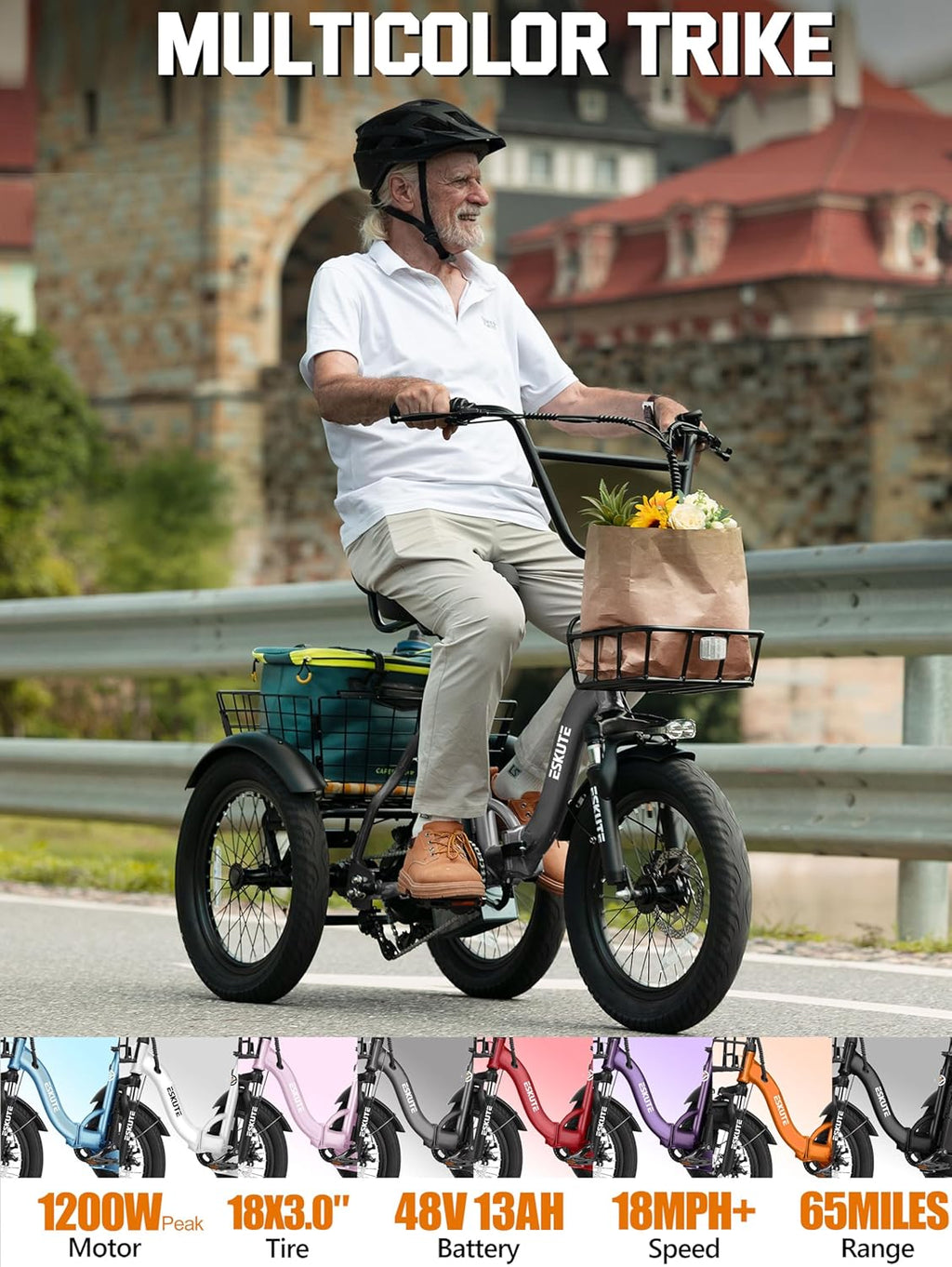 Folding Step-Thru 3-Wheel Electric Tricycle – Peak 1200W Motor, 18" Fat Tires, 624Wh Removable Battery, Adult E-Trike with Cargo Basket