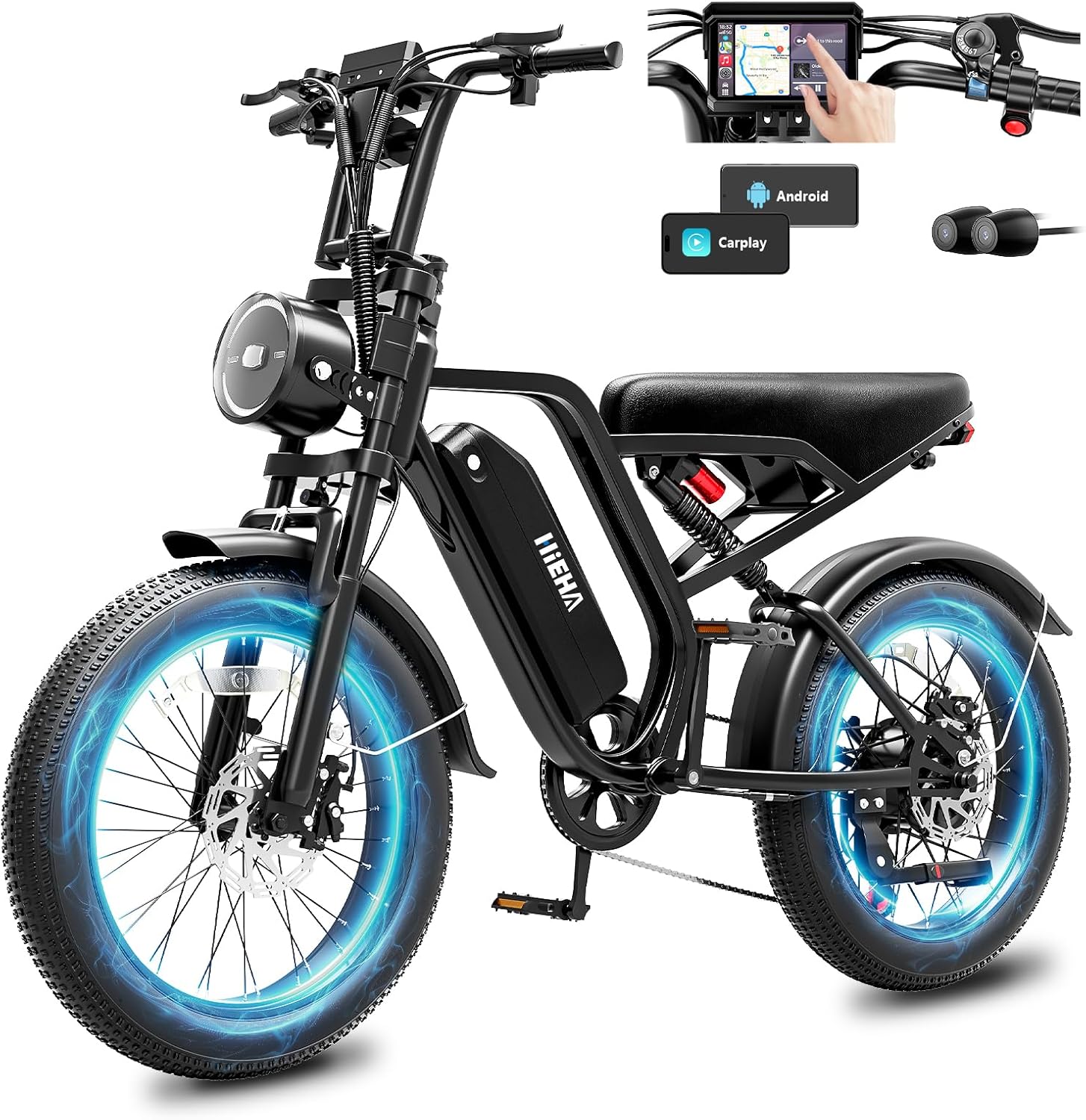 Aero Cargo Electric Bike with Apple CarPlay, Android Auto, and Dual 1080P Dash Cam – 1500W Peak, 20" Fat Tire All-Terrain E-Bike