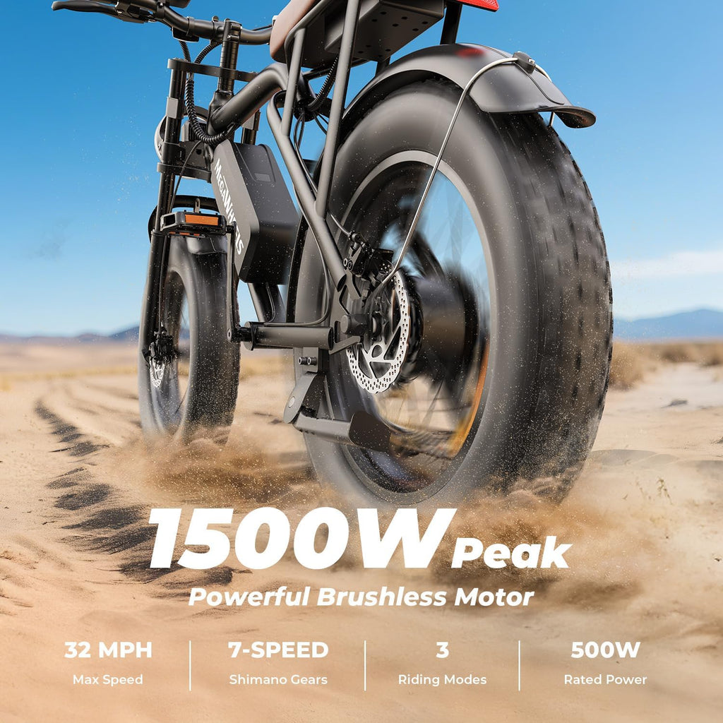 20" All-Terrain Fat Tire Electric Bike – 1500W Peak Full Suspension Moped-Style E-Bike (UL 2849 Certified)