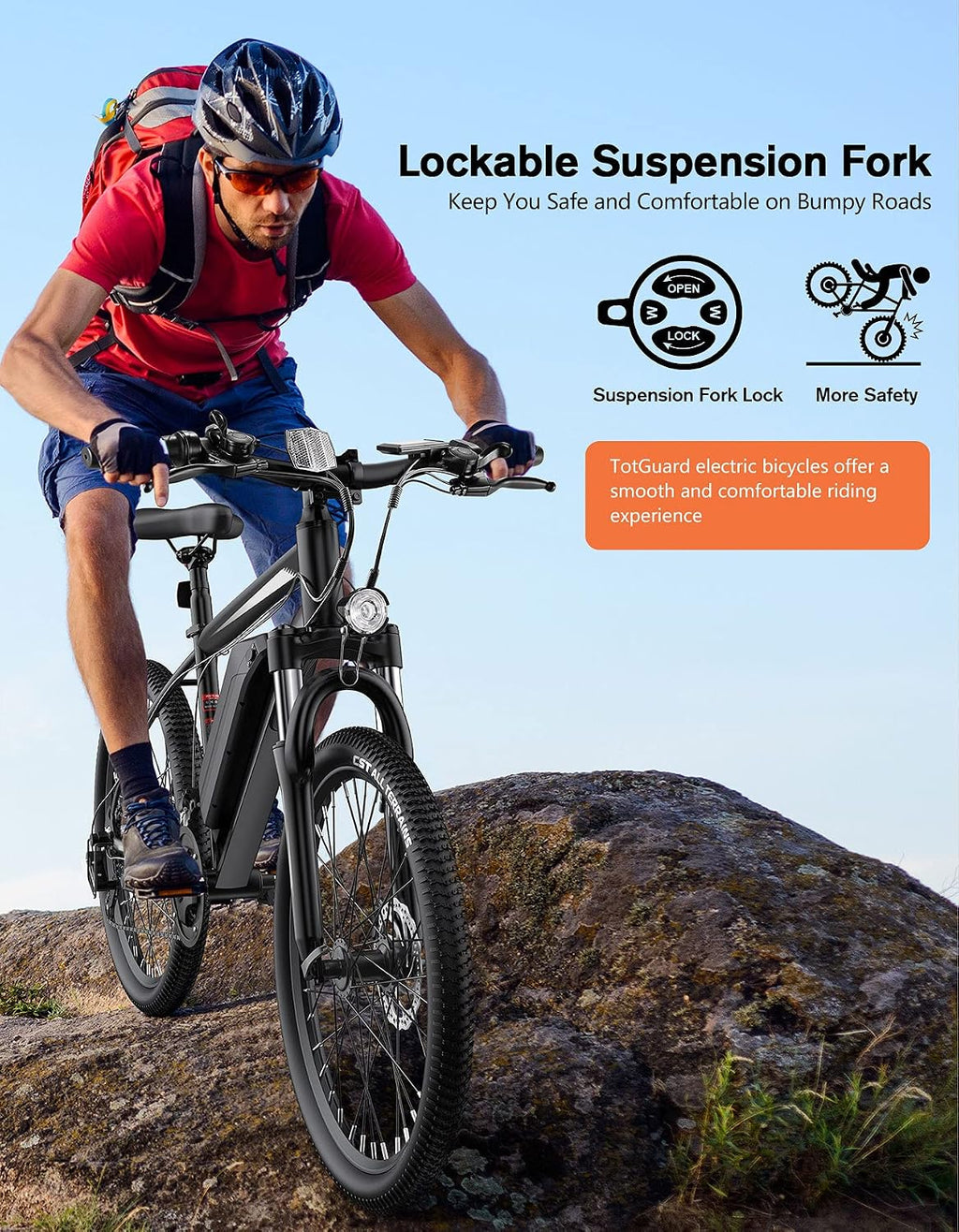 26" Electric Mountain & Commuter Bike – Peak 500W Brushless Motor, 374Wh Removable Battery, 21-Speed Trail E-Bike with Suspension Fork