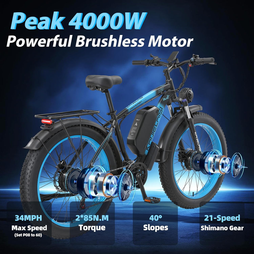 Electric Bike for Adults, Peak 4000W Power 26” Fat Tire Ebike, Dual Motor Electric Bicycles, 48V