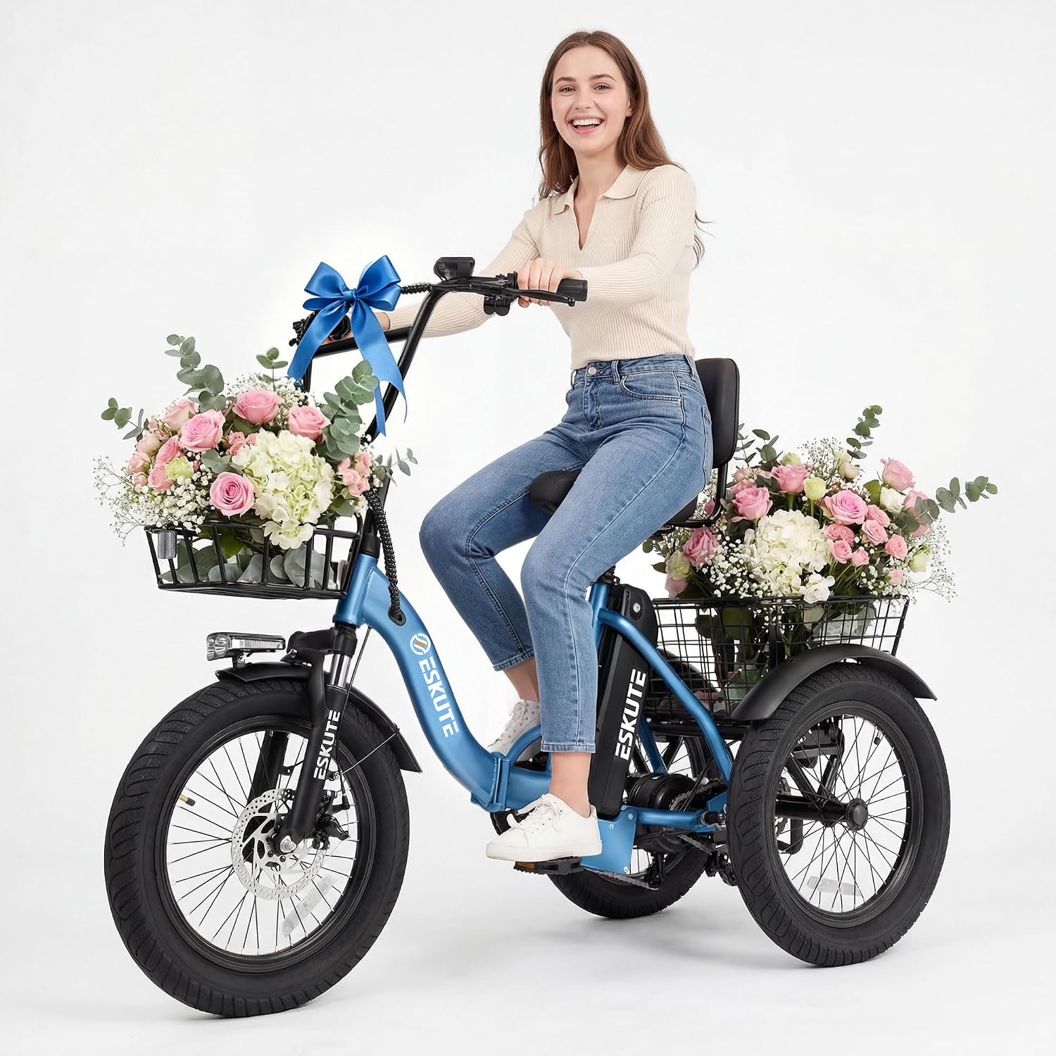 Folding Step-Thru 3-Wheel Electric Tricycle – Peak 1200W Motor, 18" Fat Tires, 624Wh Removable Battery, Adult E-Trike with Cargo Basket