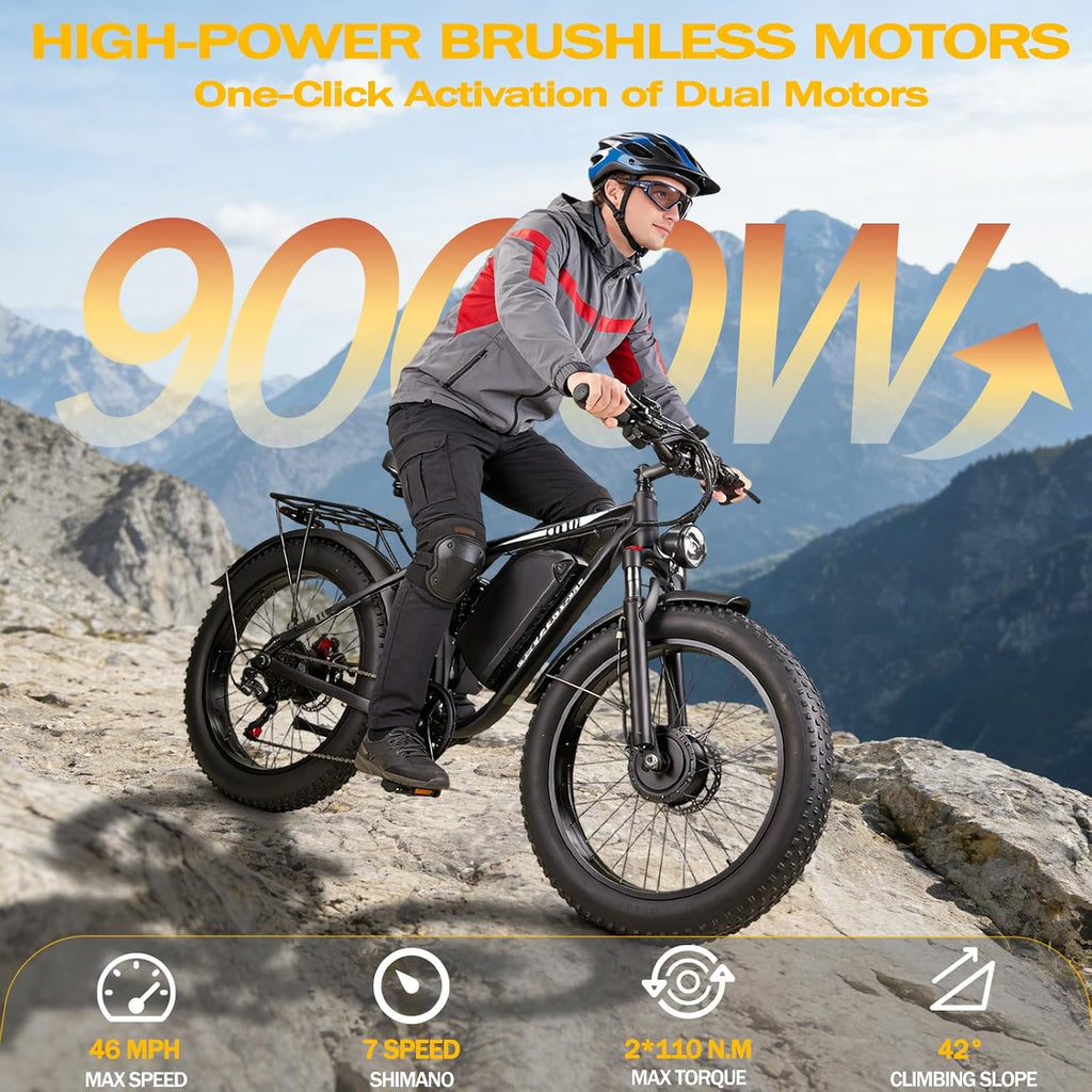 High-Performance Dual-Motor Fat Tire Electric Bike - 9000W Peak, 46 MPH, 58V 34Ah, Full-Suspension All-Terrain Off-Road eBike for Adults