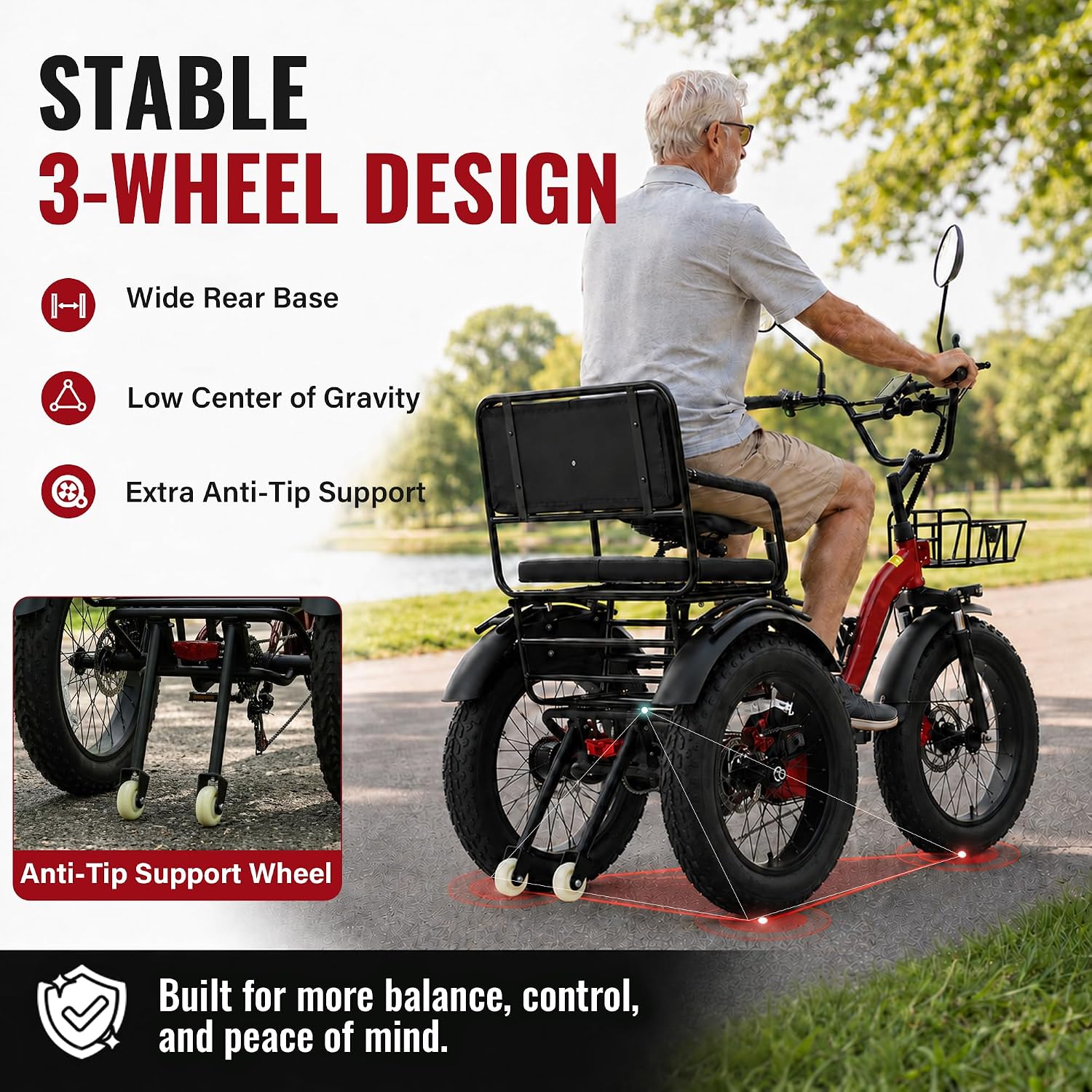 Two-Seater Folding Electric Tricycle for Adults | 1350W Peak, 20" Fat Tire 3-Wheel E-Trike