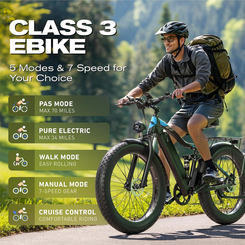 High-Performance Adult Electric Bike – Peak 2000W Off-Road E-Bike, Full Suspension, 921.6Wh Integrated Battery, Up to 80 Miles Range, 26" Fat Tires, Dual Hydraulic Brakes