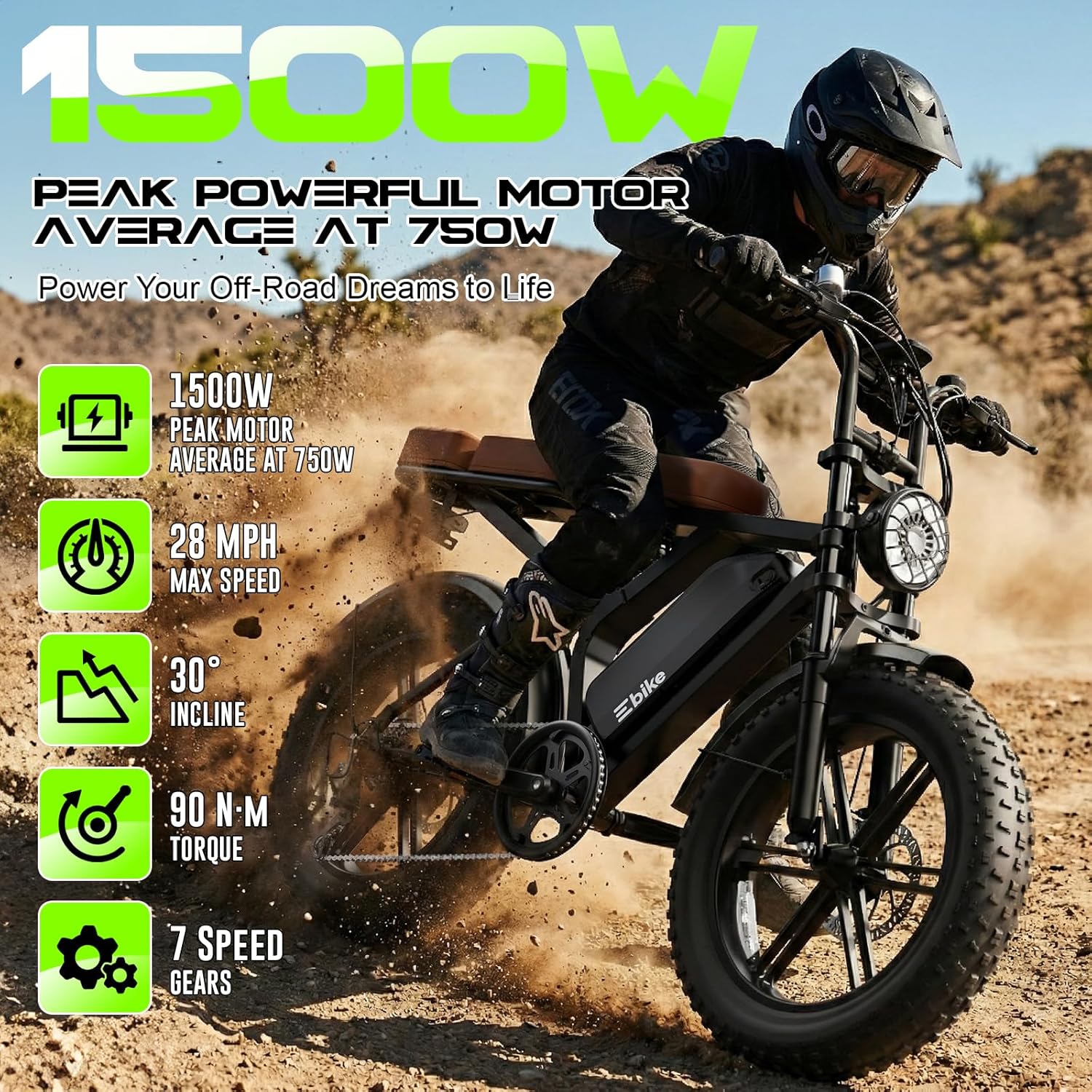 Electric Bike for Adults, Peak 1500W Motor Retro E Bike, Range 65/120Miles, 48V 15Ah