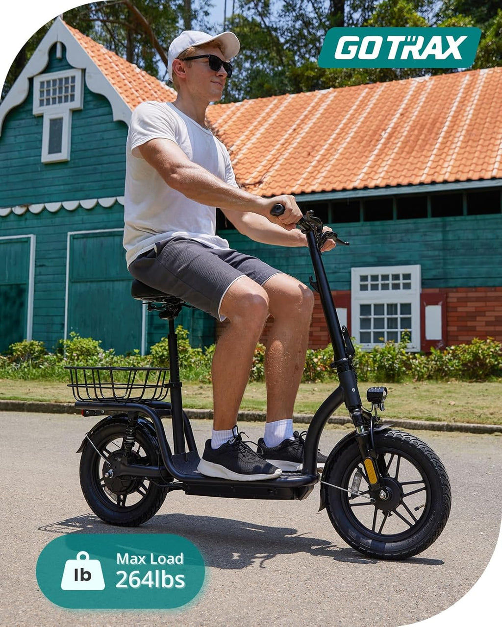 Commuter Adult Electric Scooter with Seat – All-Terrain Tires, Wider Deck & Cargo Basket