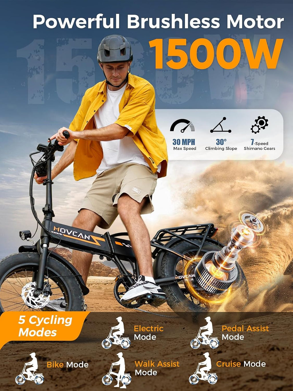 High-Performance Folding Electric Dirt Bike – 1500W Peak Foldable E-Bike with 52V 15.6Ah Removable Battery, 20" Fat Tires, Dual Hydraulic Brakes & 7-Speed Gear System