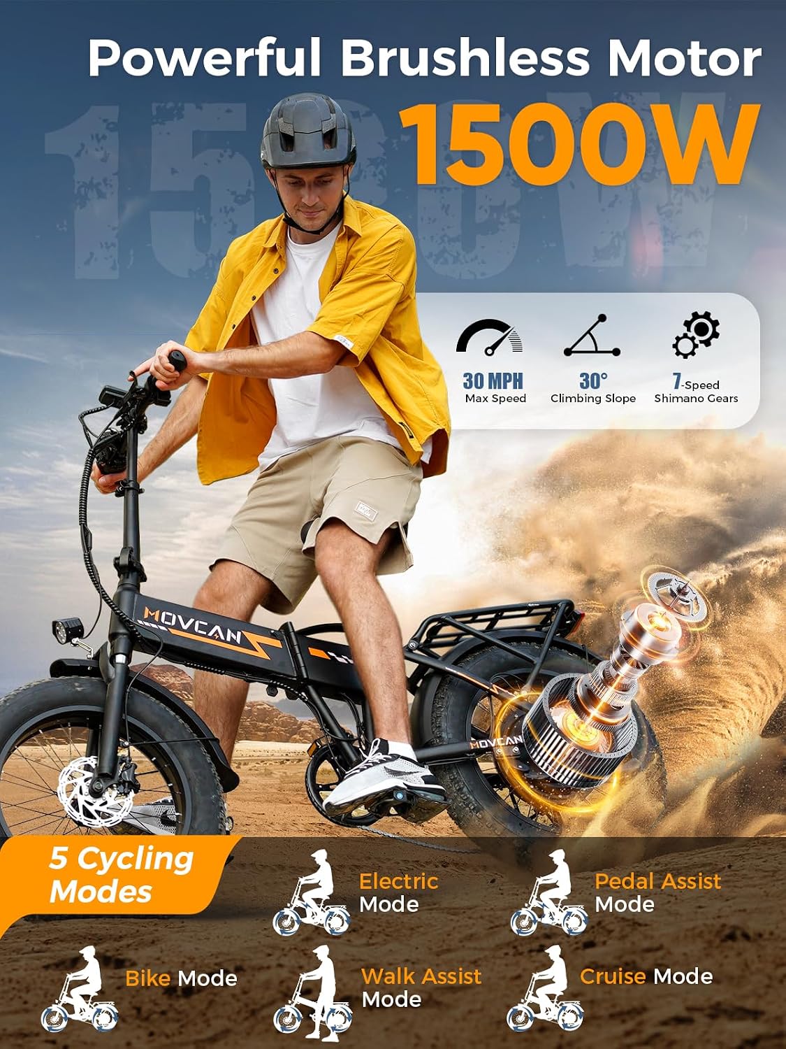High-Performance Folding Electric Dirt Bike – 1500W Peak Foldable E-Bike with 52V 15.6Ah Removable Battery, 20" Fat Tires, Dual Hydraulic Brakes & 7-Speed Gear System