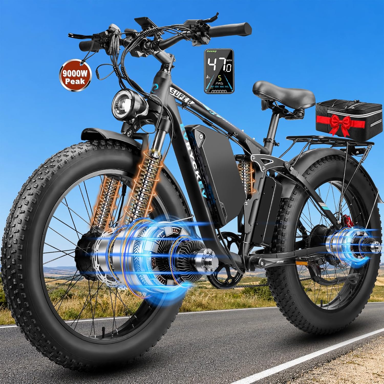 9000W Peak Dual Motor Electric Bike | 47MPH Full Suspension Fat Tire E-Bike
