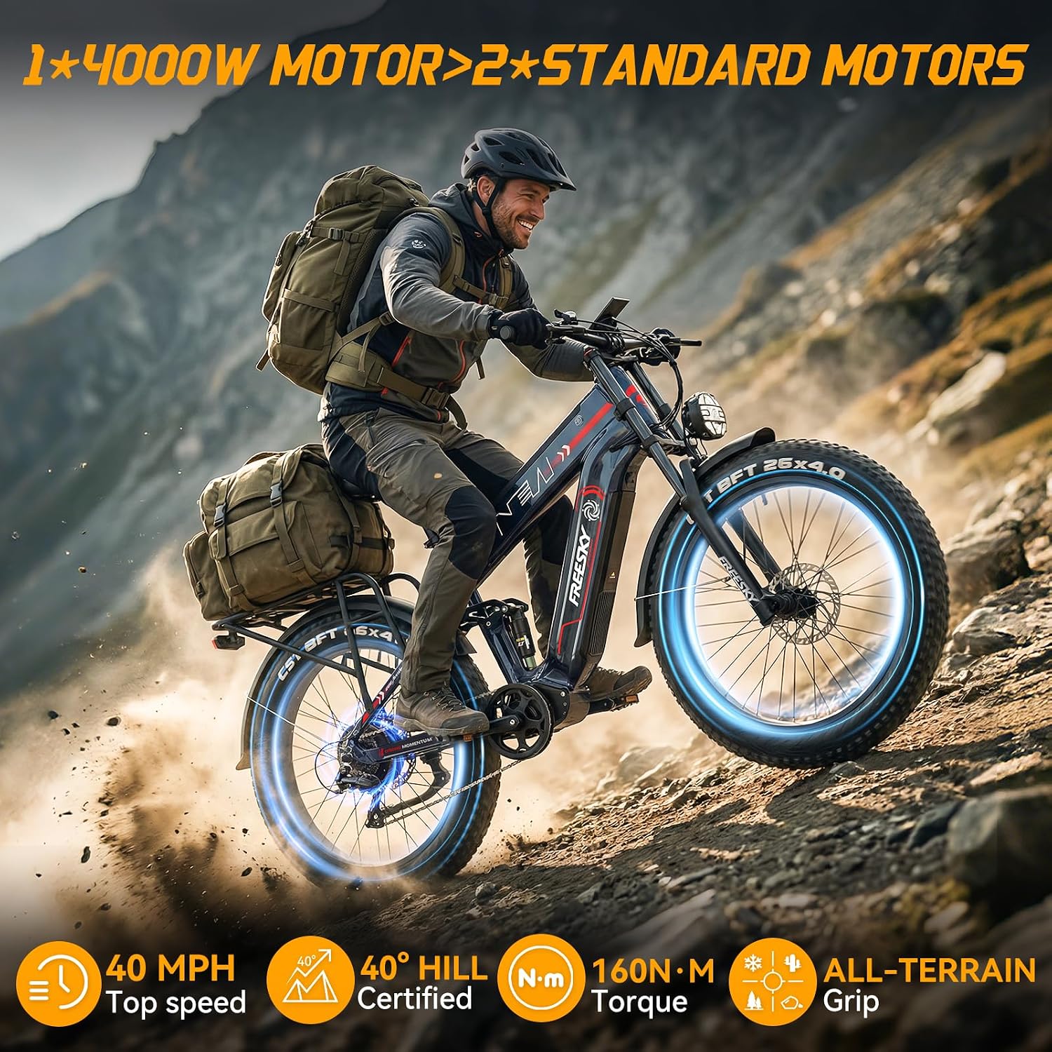 Ultra Long Range Dual-Battery Electric Mountain Bike – 4000W Peak, 40MPH, 26" Fat Tire