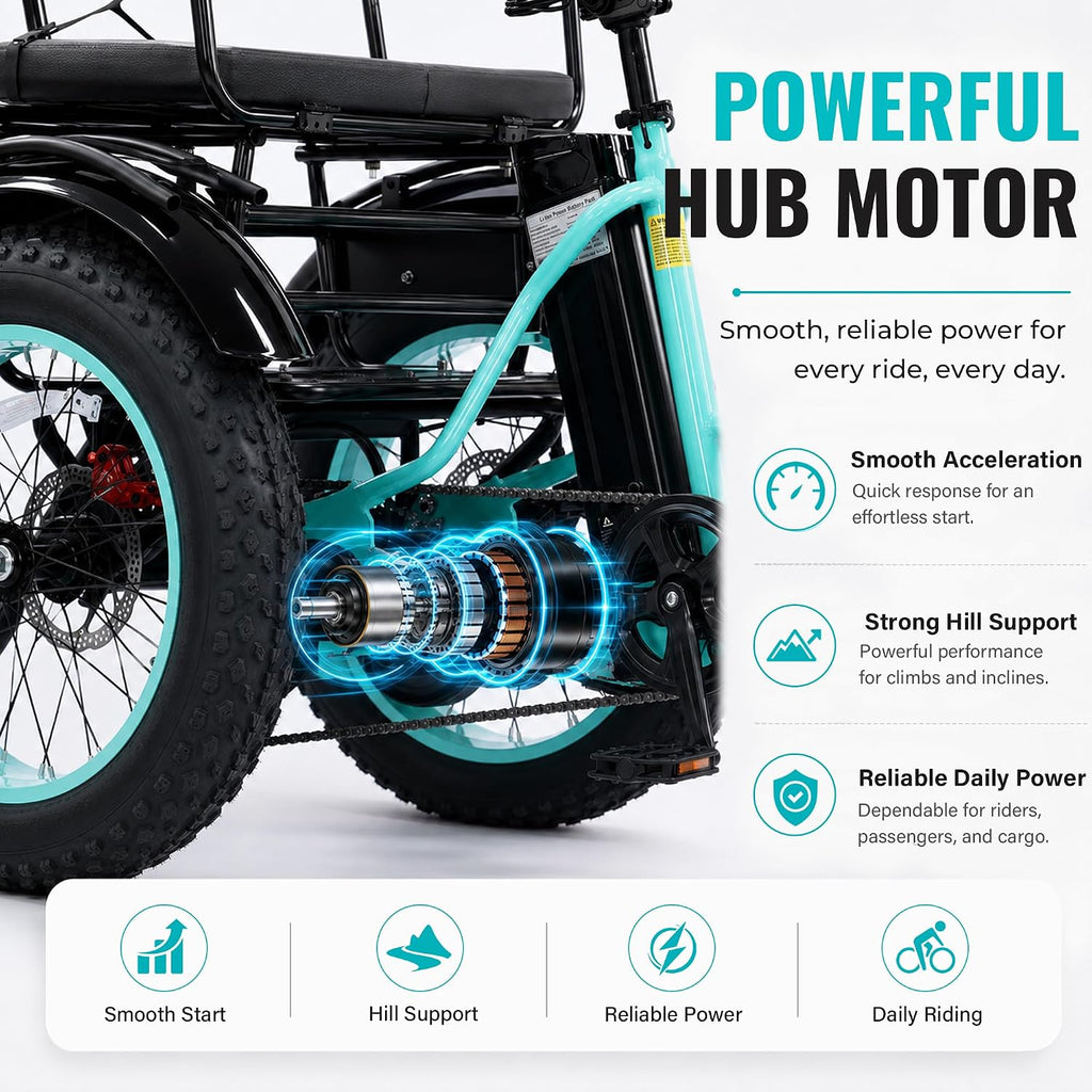 2-Seater Electric Tricycle with Passenger Seat | Peak 1350W, 48V, Dual Baskets