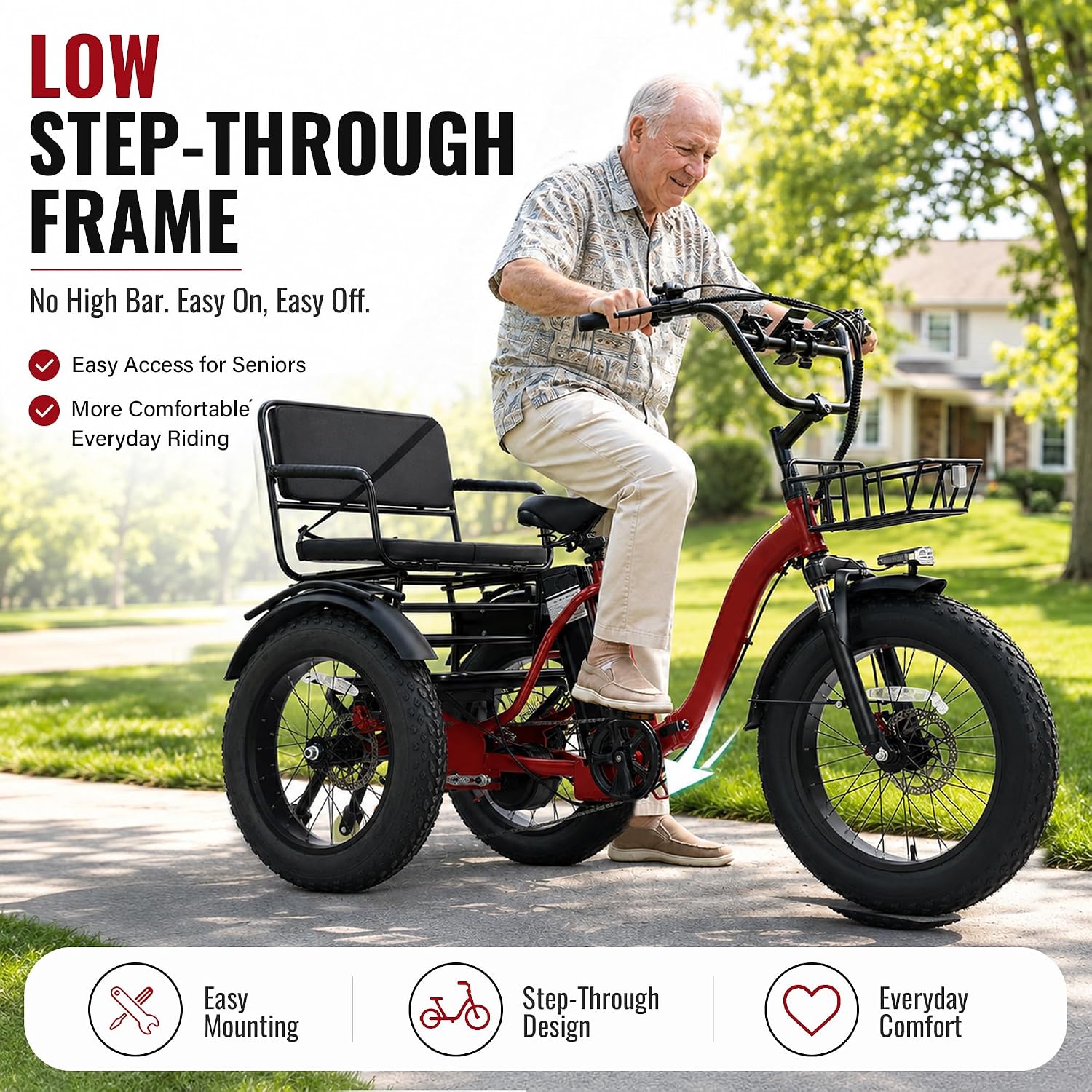 Two-Seater Folding Electric Tricycle for Adults | 1350W Peak, 20" Fat Tire 3-Wheel E-Trike