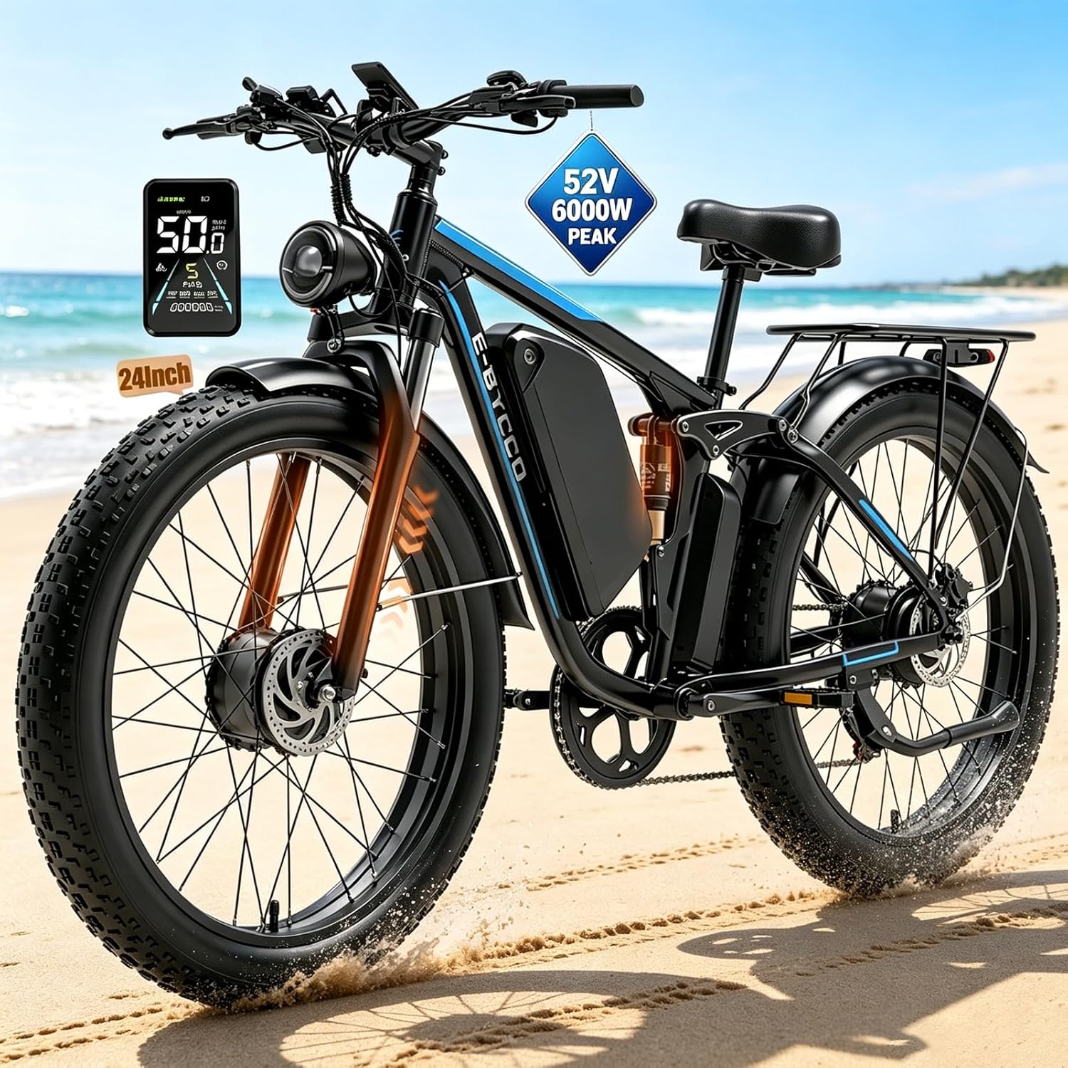 6000W Peak Dual Motor Electric Bike for Adults | 45-50 MPH High-Speed Off-Road Mountain E-Bike, 100-Mile Long Range, Full Suspension & Hydraulic Brakes (24"/26" Fat Tire)