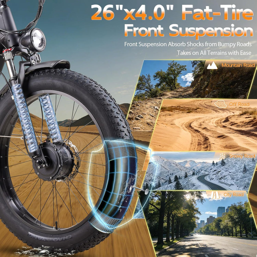 Dual Motor All-Terrain Electric Mountain Bike - 26" Fat Tire, High Capacity Battery, Adjustable Stem & Turn Signals (Adult E-Bike)