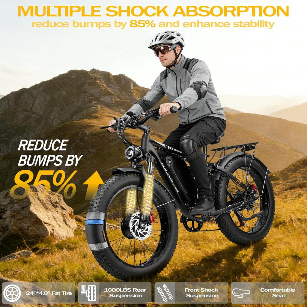 High-Performance Dual-Motor Fat Tire Electric Bike - 9000W Peak, 46 MPH, 58V 34Ah, Full-Suspension All-Terrain Off-Road eBike for Adults