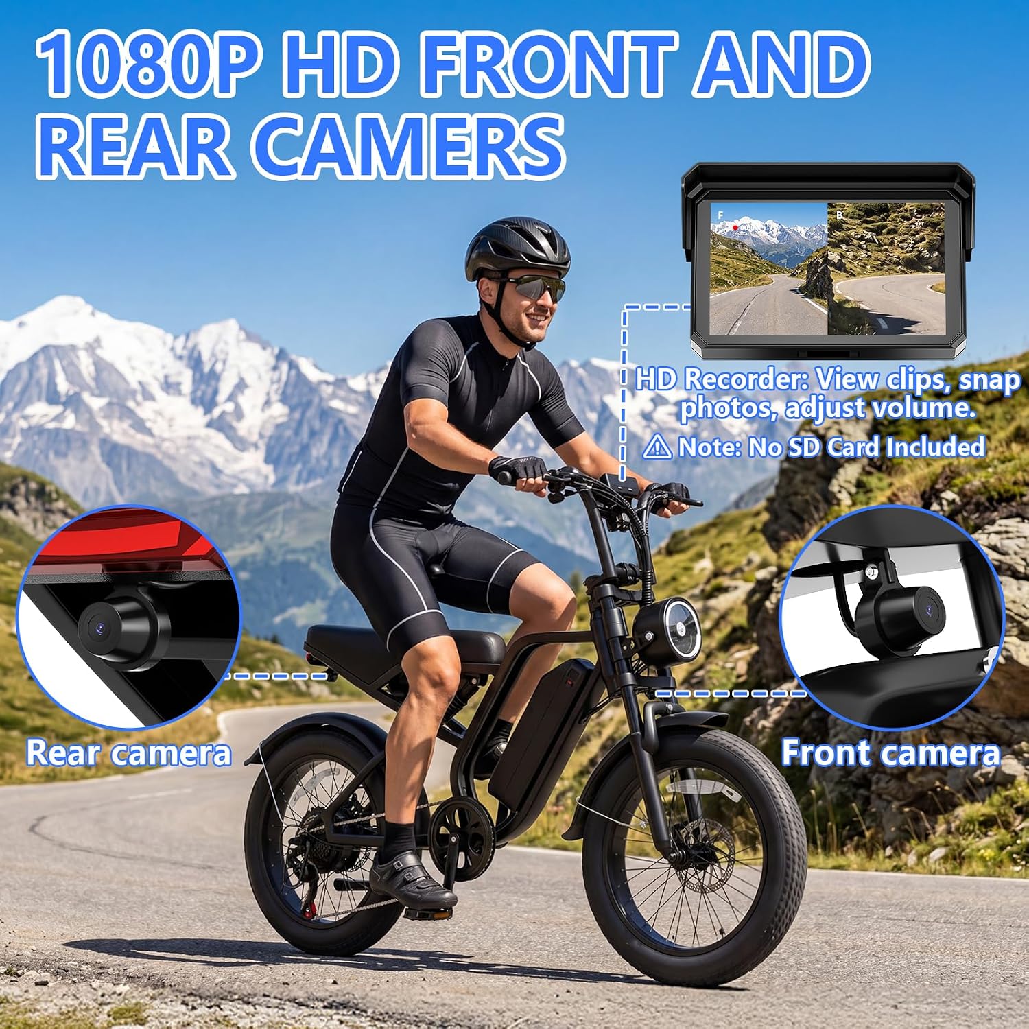 Aero Cargo Electric Bike with Apple CarPlay, Android Auto, and Dual 1080P Dash Cam – 1500W Peak, 20" Fat Tire All-Terrain E-Bike