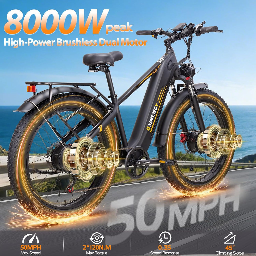 Dual Motor All-Terrain Electric Mountain Bike - 26" Fat Tire, High Capacity Battery, Adjustable Stem & Turn Signals (Adult E-Bike)