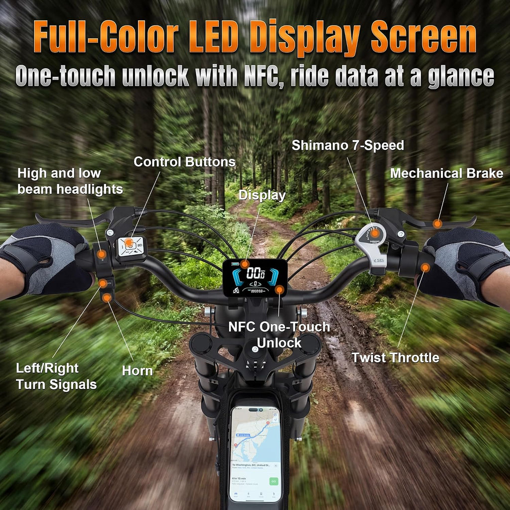 All-Terrain Fat Tire Electric Dirt Bike – 1500W High-Performance E-Bike with NFC Smart Unlock, 48V Long-Range Motorized Utility Bike