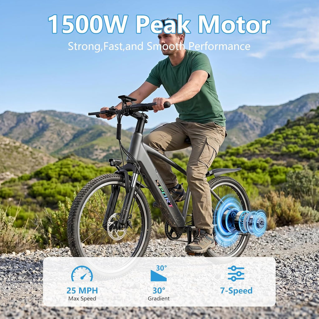 Step-Thru 26" Electric City Cruiser Bike – 1500W Peak Motor, 25MPH Max Speed, 48V 12Ah Removable Battery, 7-Speed Commuter E-Bike