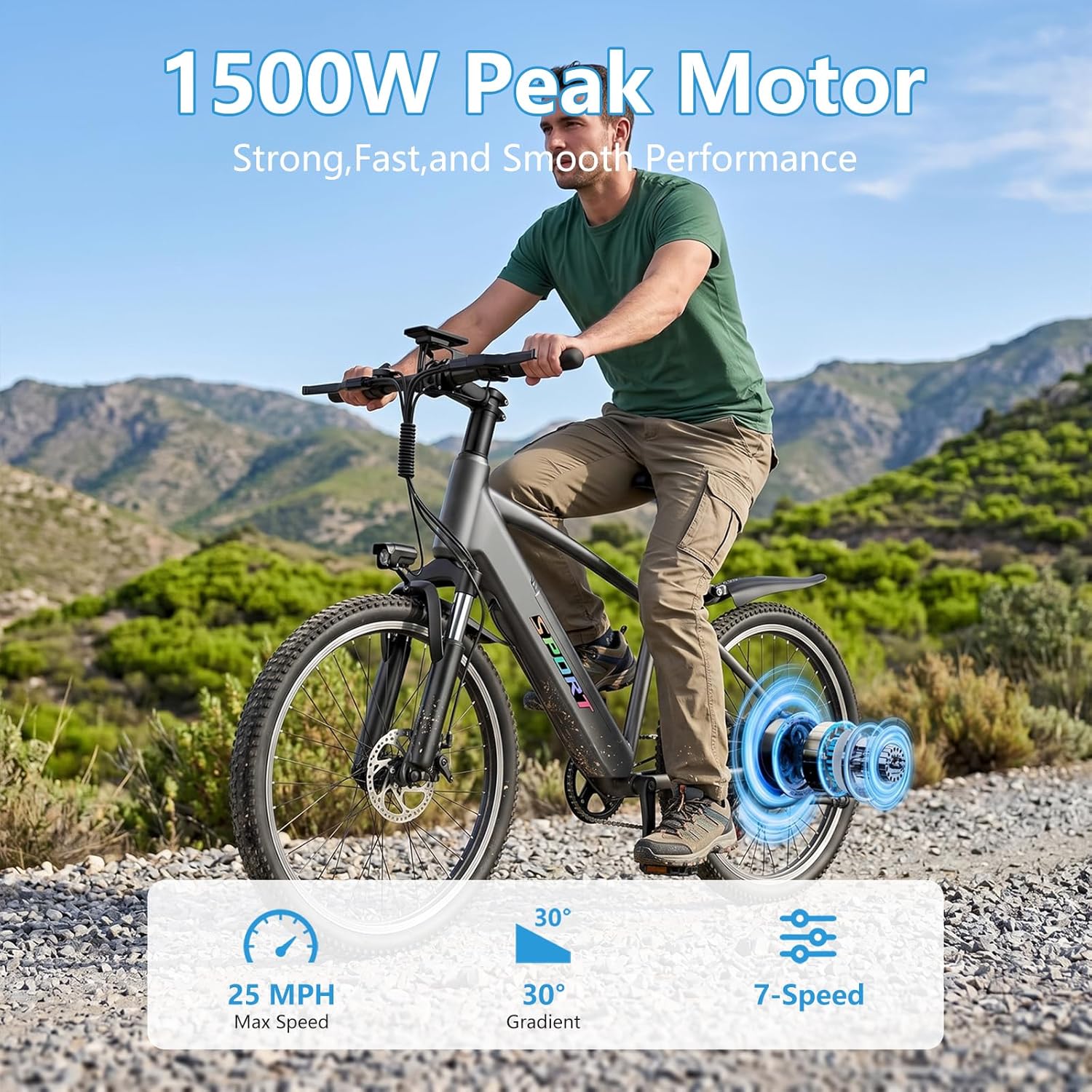 Step-Thru 26" Electric City Cruiser Bike – 1500W Peak Motor, 25MPH Max Speed, 48V 12Ah Removable Battery, 7-Speed Commuter E-Bike