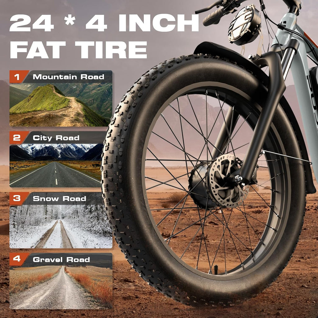 All-Terrain 24" Fat Tire Electric Bike – 4000W Peak Dual Motor, 38MPH Max Speed, 52V 25Ah Removable Battery, Full Suspension Off-Road E-Bike