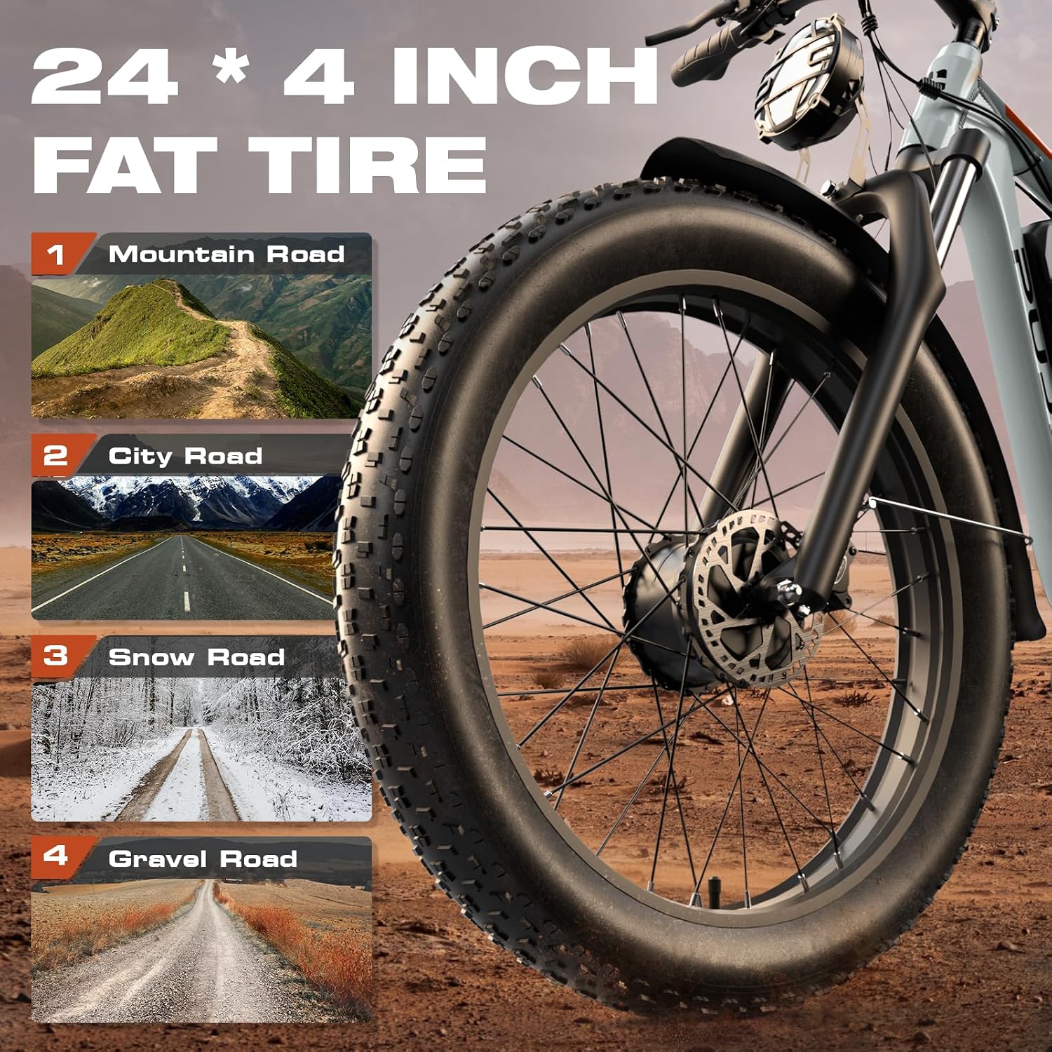 All-Terrain 24" Fat Tire Electric Bike – 4000W Peak Dual Motor, 38MPH Max Speed, 52V 25Ah Removable Battery, Full Suspension Off-Road E-Bike