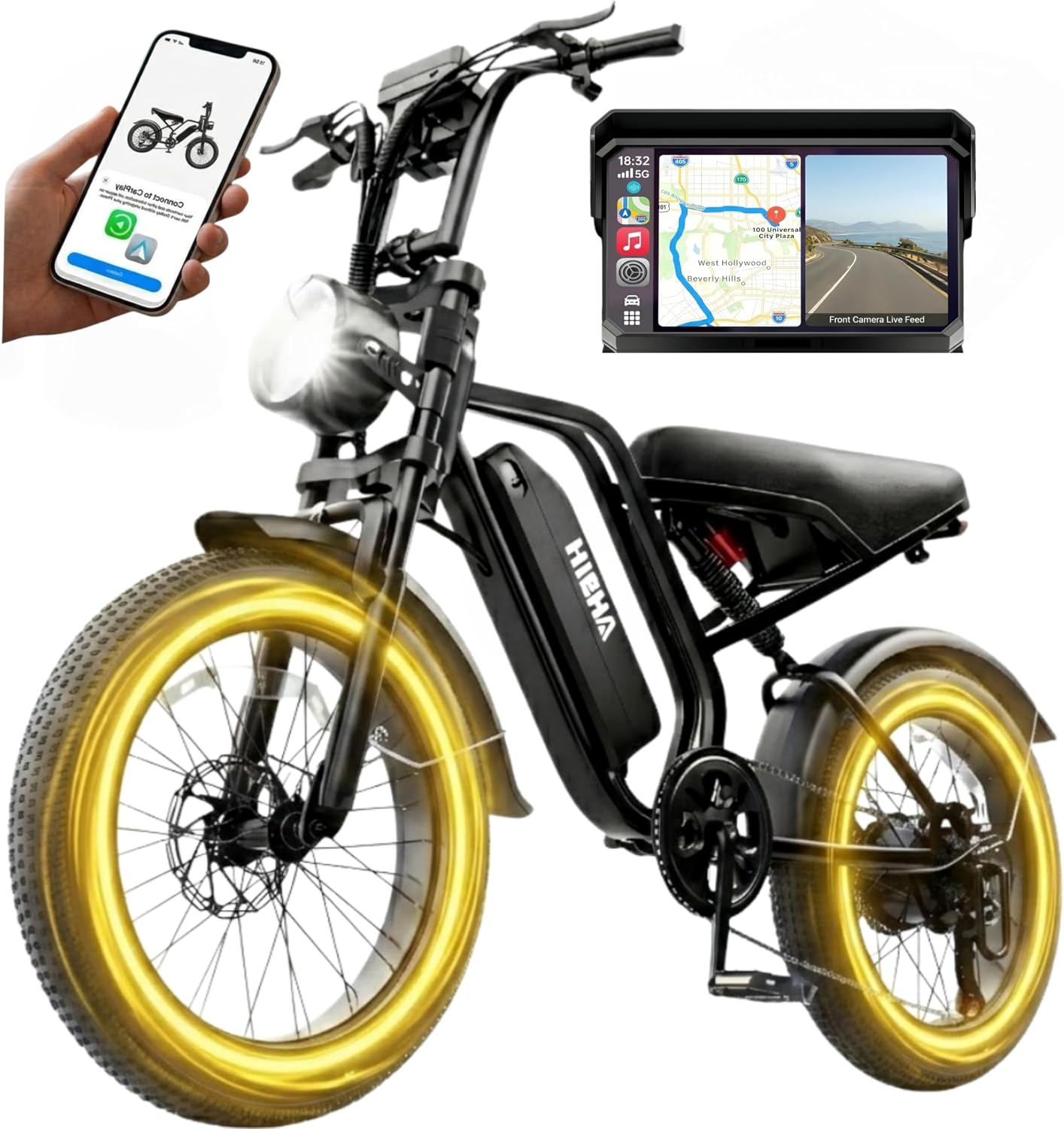 1500W Peak Smart Electric Bike with CarPlay & Android Auto | 20" Fat Tire 48V 15Ah Dual Suspension E-Bike (UL 2849 Certified)