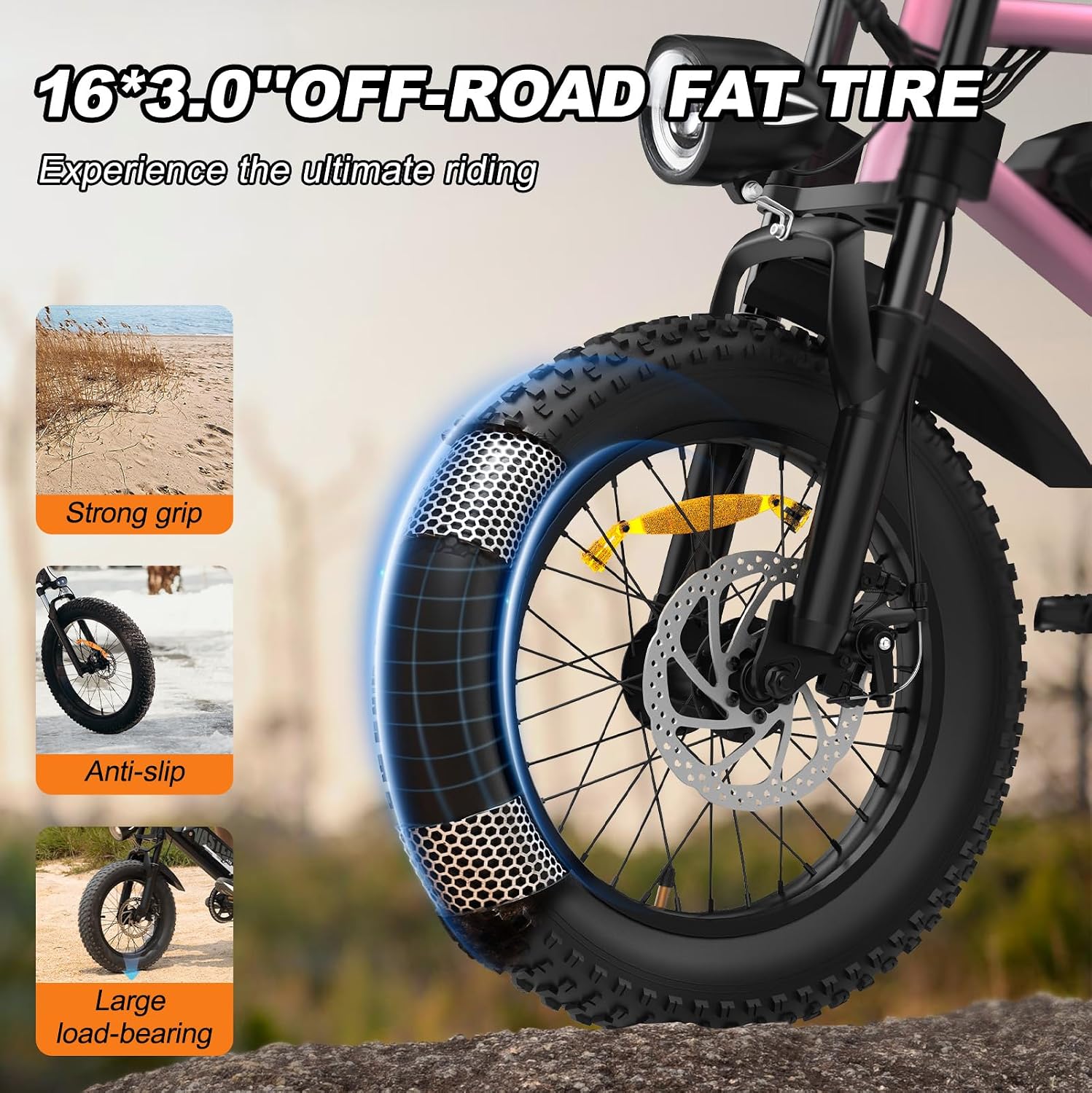 Compact 16" Fat Tire Electric Bike | 500W Youth & Adult Utility E-Bike (Pink)
