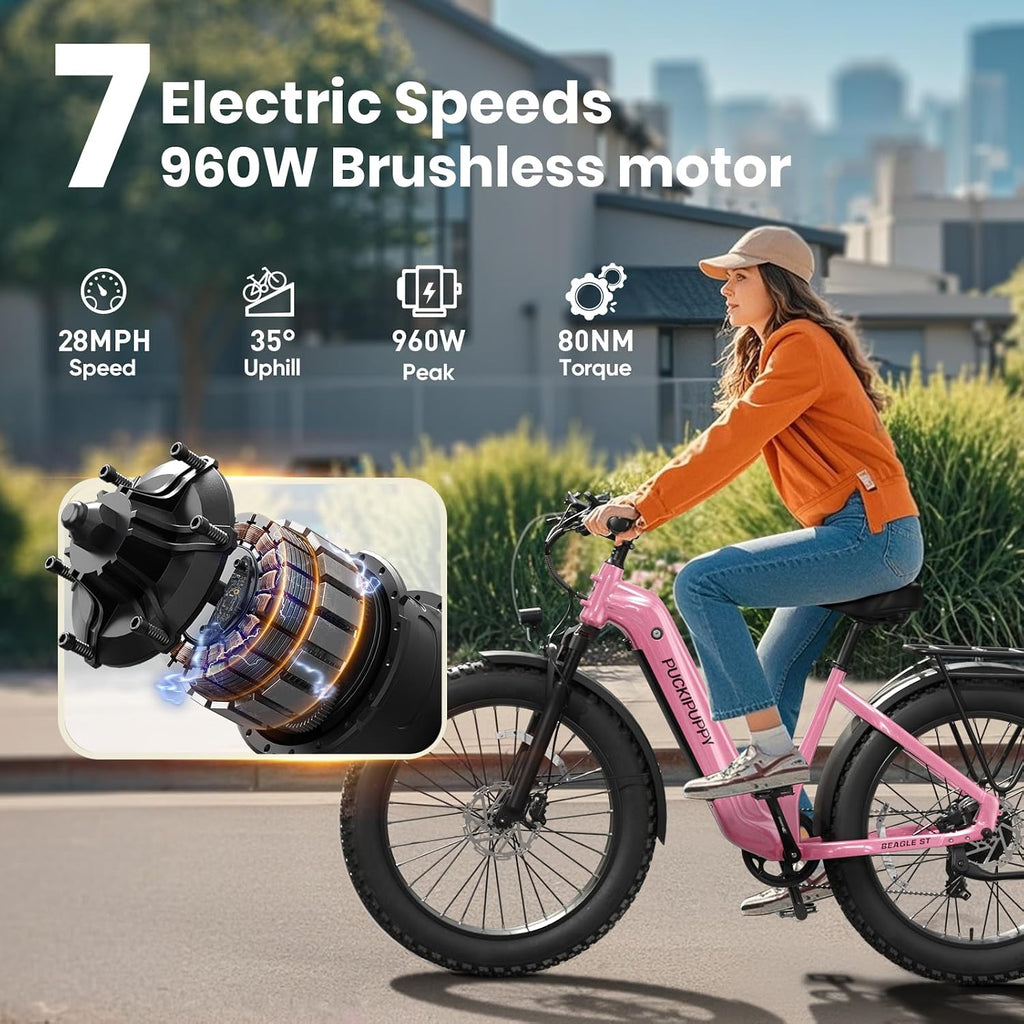 All-Terrain Step-Through Electric Hunting Bike – 960W Peak Power Off-Road E-Bike for Adults (28MPH, 48V 15Ah Removable Battery, 26" Fat Tires, Integrated Rear Cargo Rack)