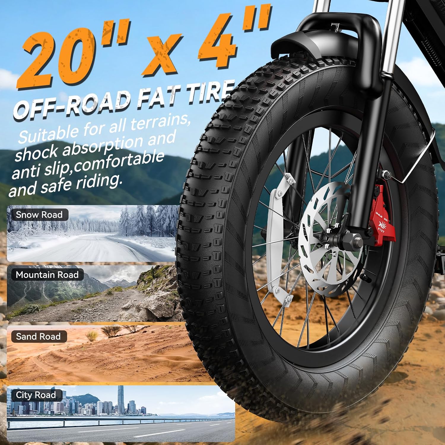 Electric Bike with Dual Hydraulic Brakes, 20" Fat Tire All-Terrain for Commuting E-Bicycle