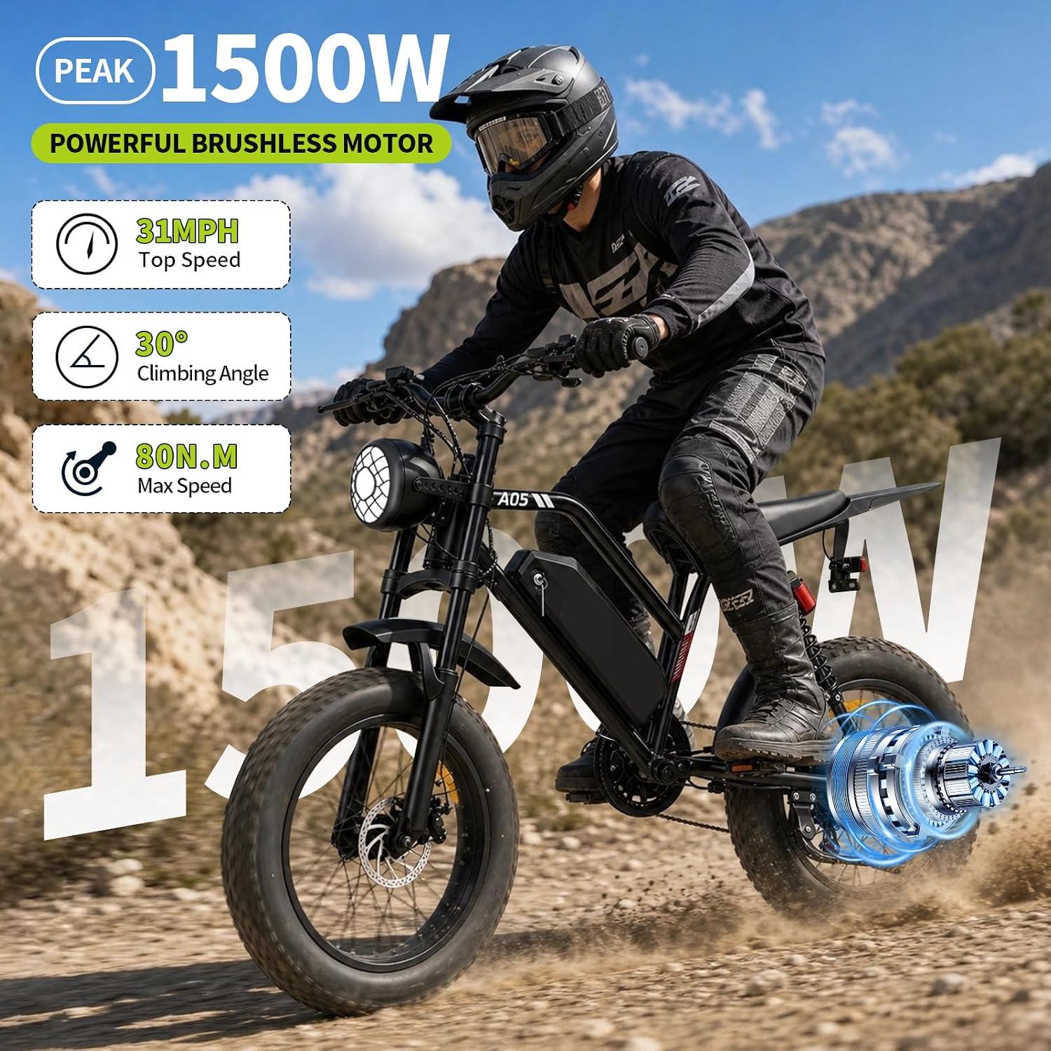20" All-Terrain Fat Tire Electric Bike for Adults – 1000W (1500W Peak) Motor, 15Ah Removable Battery, NFC Lock E-Bike