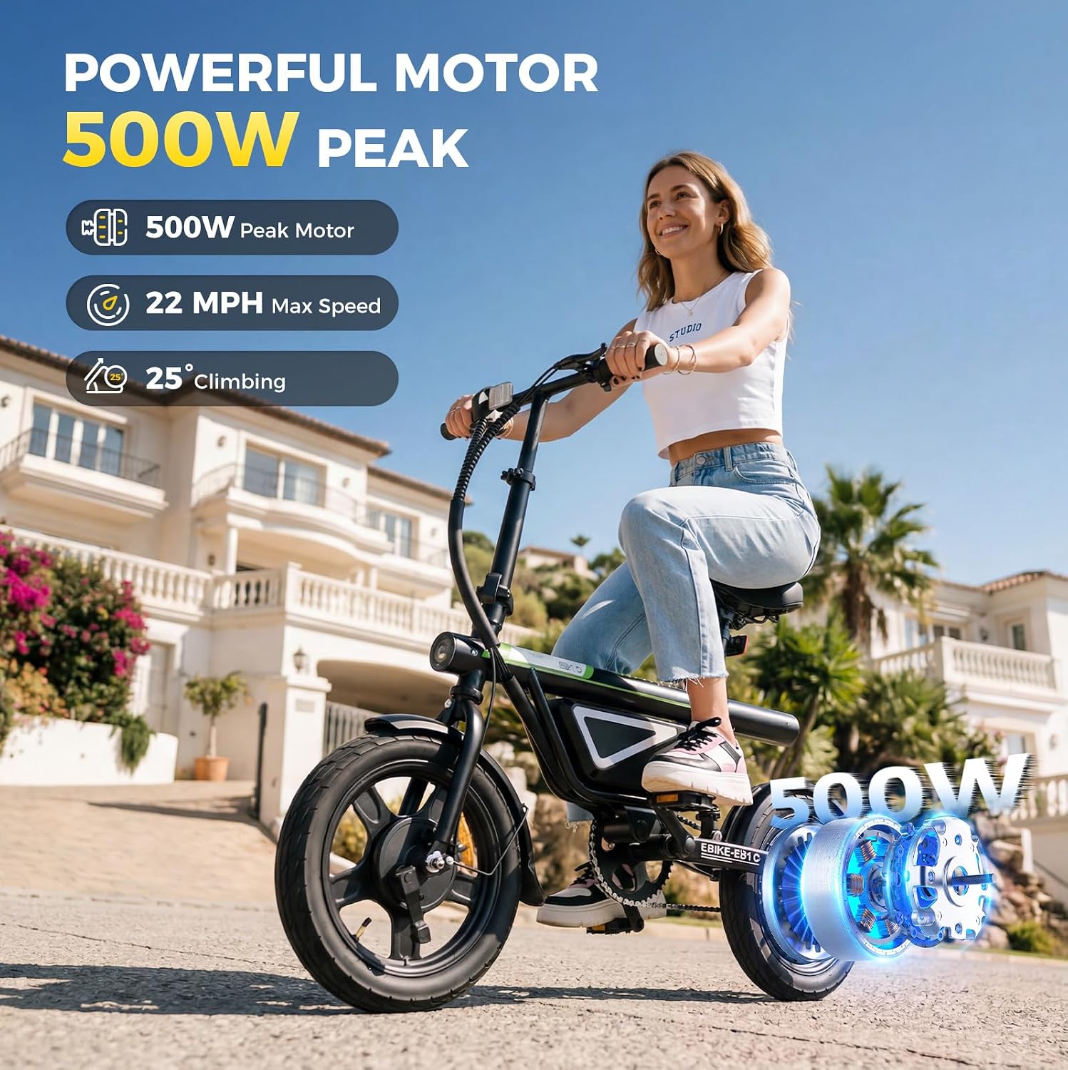 14" Folding Electric Bike for Adults | 500W Peak, 36V 7.8Ah Battery, 22 MPH Compact Commuter & Leisure E-Bike